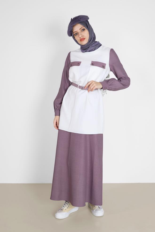 Vêtements hijab POURPRE COSTUME JUPE 2 PIÈCES AVEC CEINTURE DÉTAIL POCHE 42170 - ALVİNA