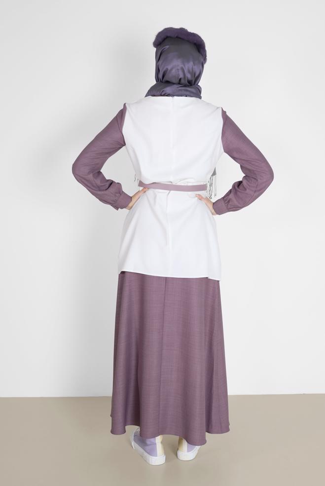 Vêtements hijab POURPRE COSTUME JUPE 2 PIÈCES AVEC CEINTURE DÉTAIL POCHE 42170 - ALVİNA