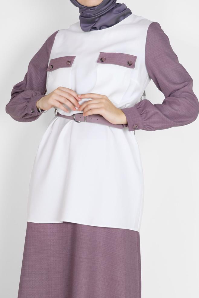 Vêtements hijab POURPRE COSTUME JUPE 2 PIÈCES AVEC CEINTURE DÉTAIL POCHE 42170 - ALVİNA