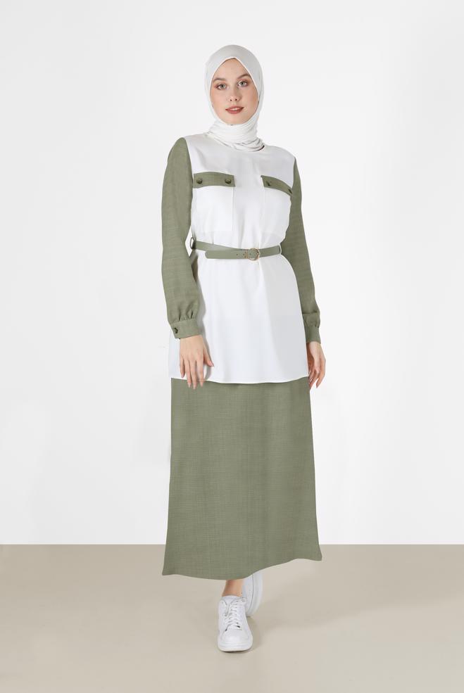 Vêtements hijab VERT COSTUME JUPE 2 PIÈCES AVEC CEINTURE DÉTAIL POCHE 42170 - ALVİNA