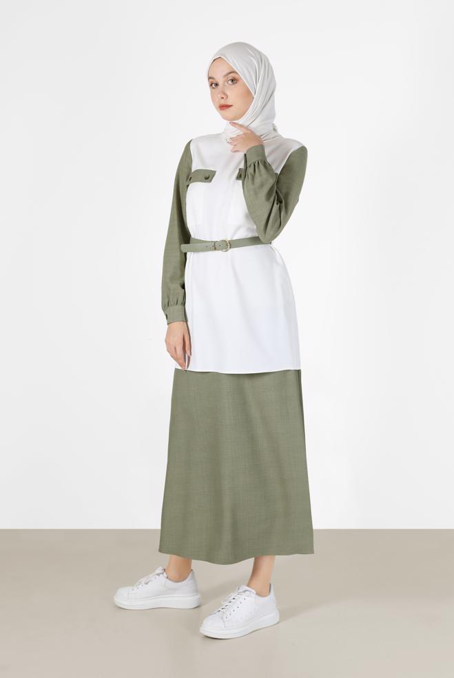 Vêtements hijab VERT COSTUME JUPE 2 PIÈCES AVEC CEINTURE DÉTAIL POCHE 42170 - ALVİNA