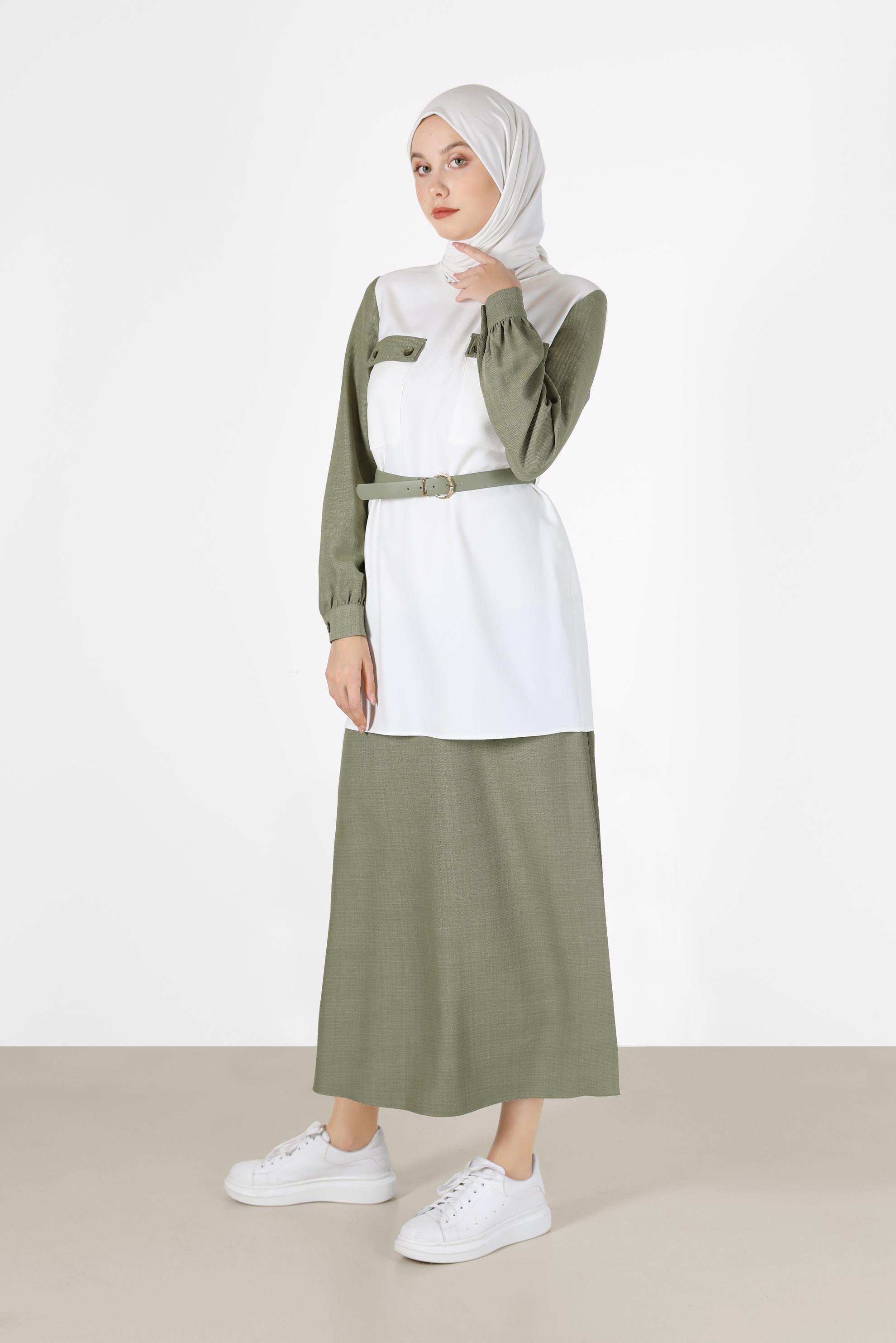 Tesettür giyim YEŞİL CEP DETAYLI KEMERLİ İKİLİ ETEKLİ TAKIM 42170 