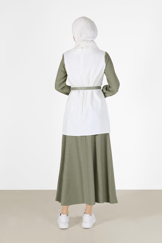 Vêtements hijab VERT COSTUME JUPE 2 PIÈCES AVEC CEINTURE DÉTAIL POCHE 42170 - ALVİNA