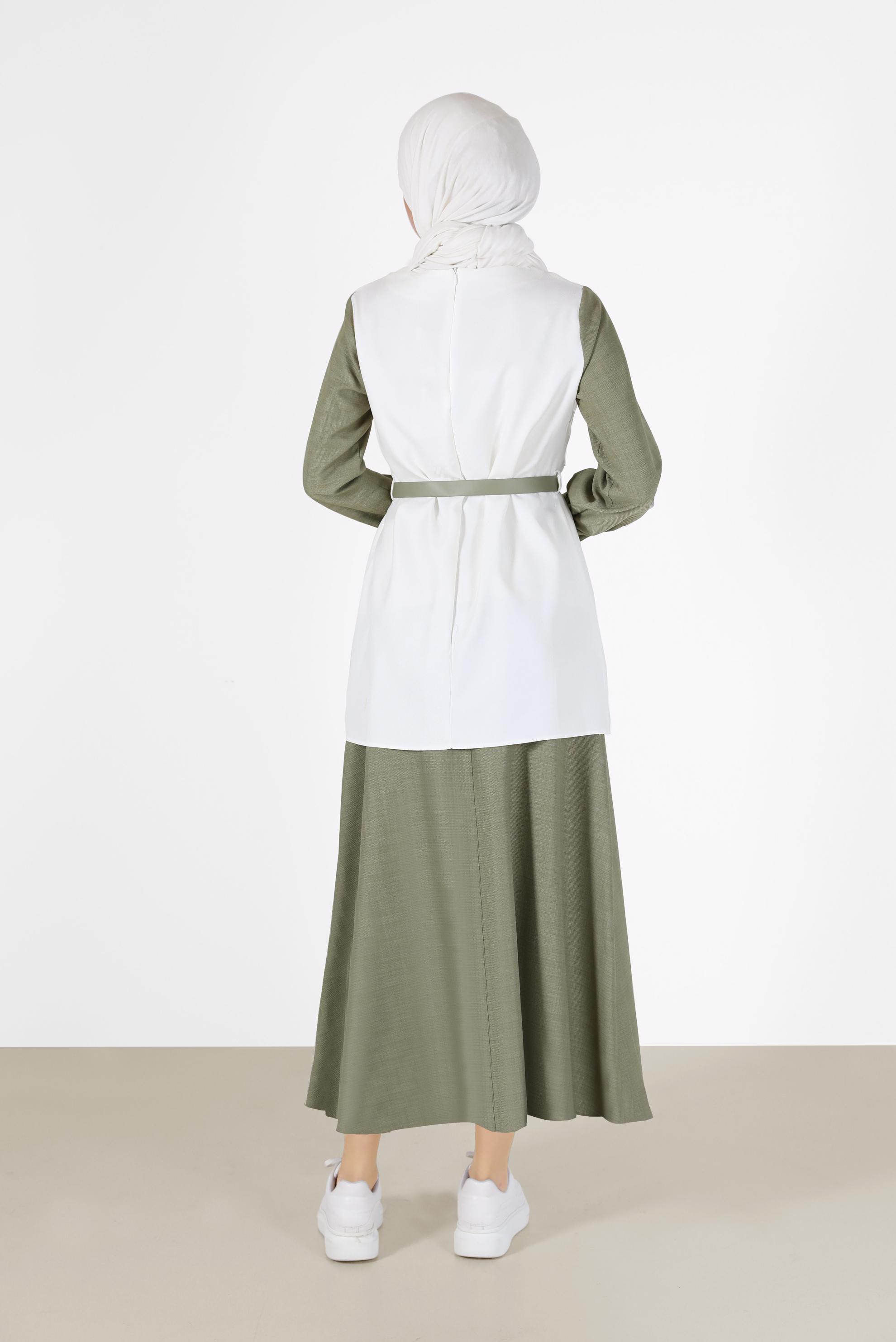 Tesettür giyim YEŞİL CEP DETAYLI KEMERLİ İKİLİ ETEKLİ TAKIM 42170 