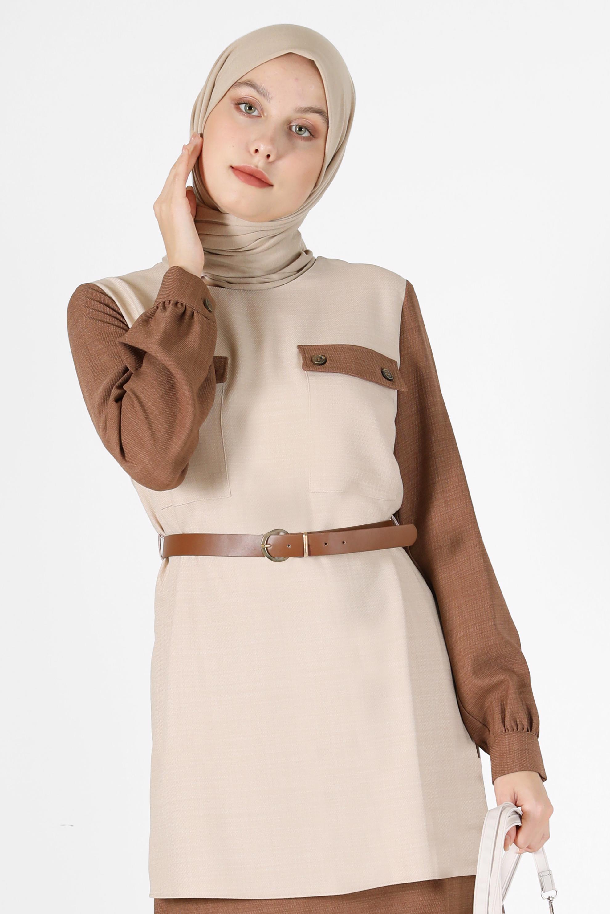 Tesettür giyim KAHVE CEP DETAYLI KEMERLİ İKİLİ ETEKLİ TAKIM 42170 