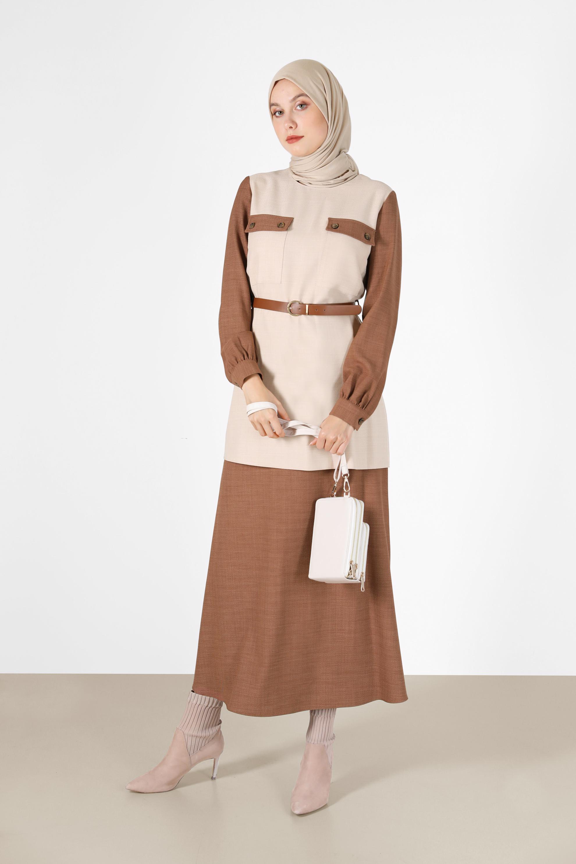 Tesettür giyim KAHVE CEP DETAYLI KEMERLİ İKİLİ ETEKLİ TAKIM 42170 