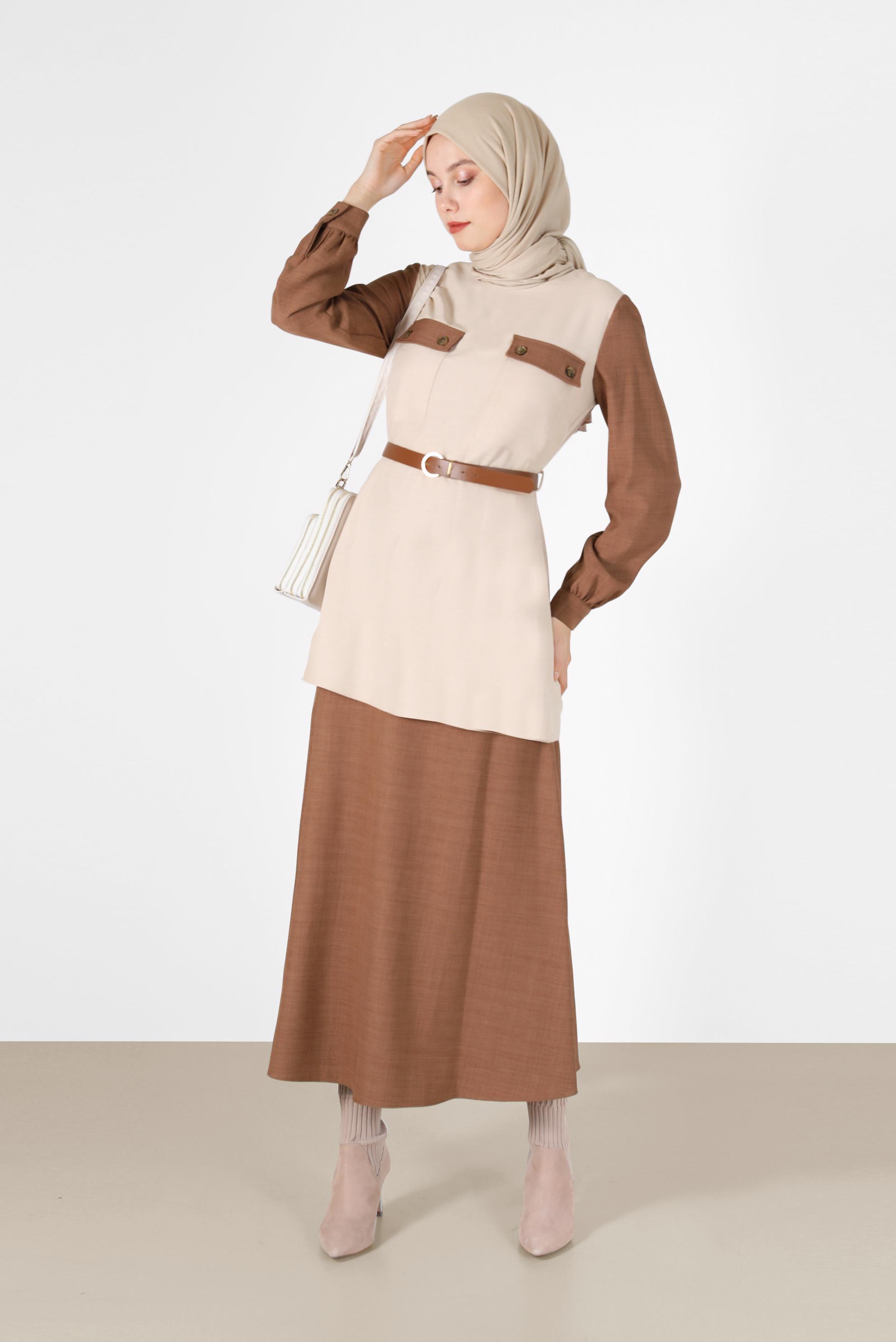 Tesettür giyim KAHVE CEP DETAYLI KEMERLİ İKİLİ ETEKLİ TAKIM 42170 