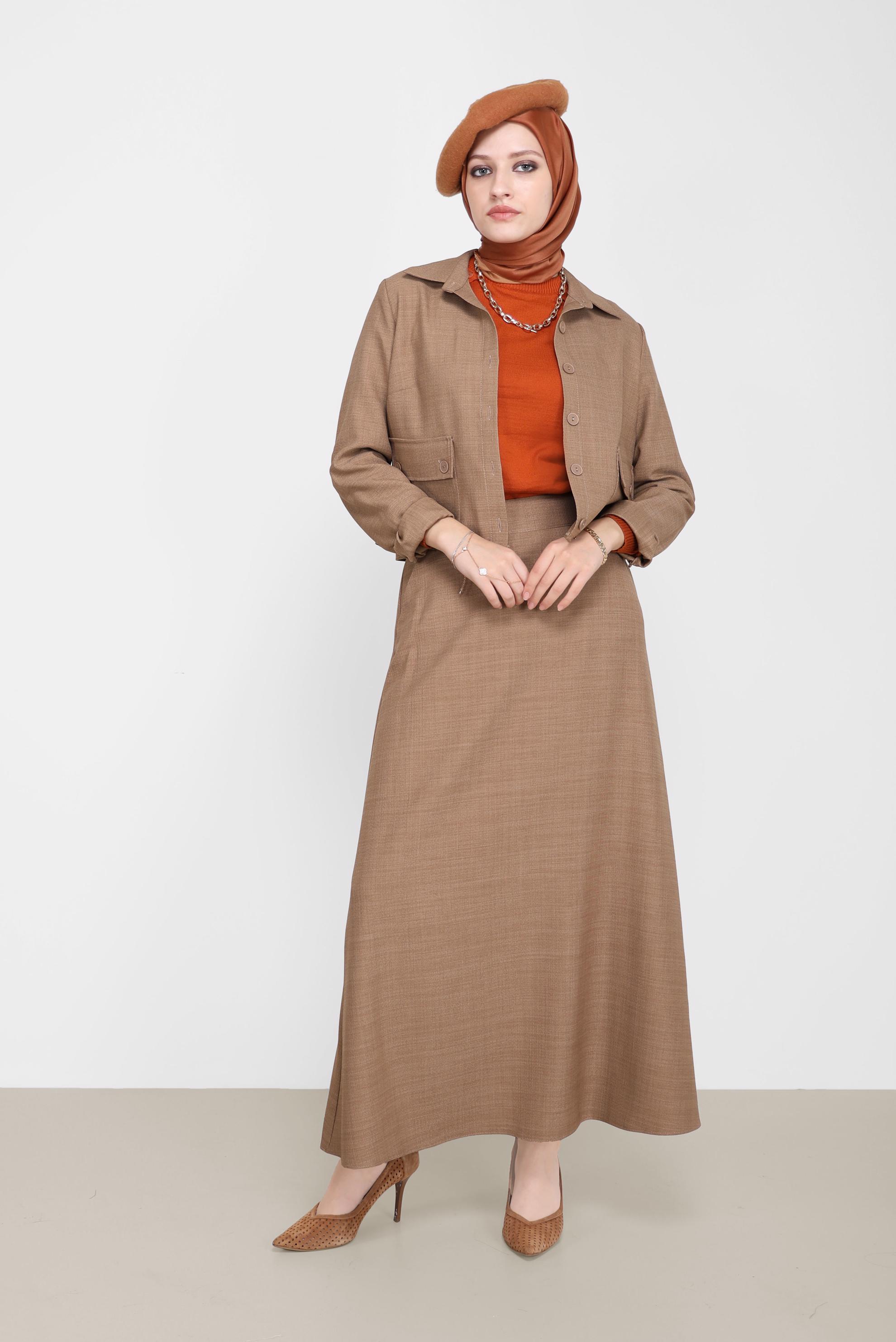 Tesettür giyim KAHVE DÜĞME DETAYLI CEPLİ İKİLİ ETEKLİ TAKIM 42197
