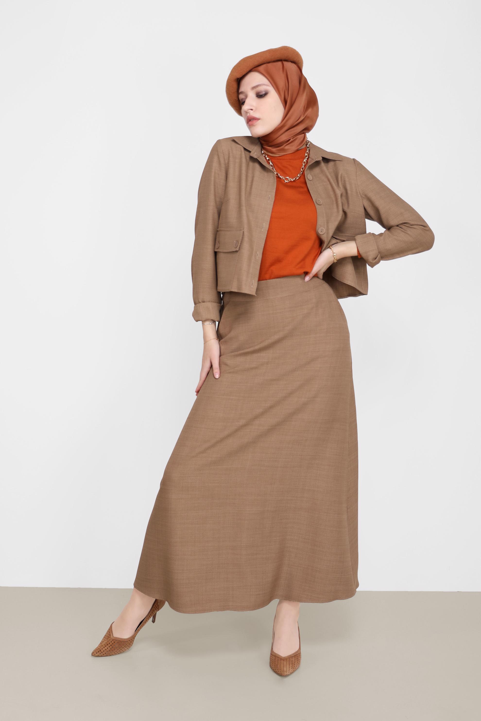 Tesettür giyim KAHVE DÜĞME DETAYLI CEPLİ İKİLİ ETEKLİ TAKIM 42197