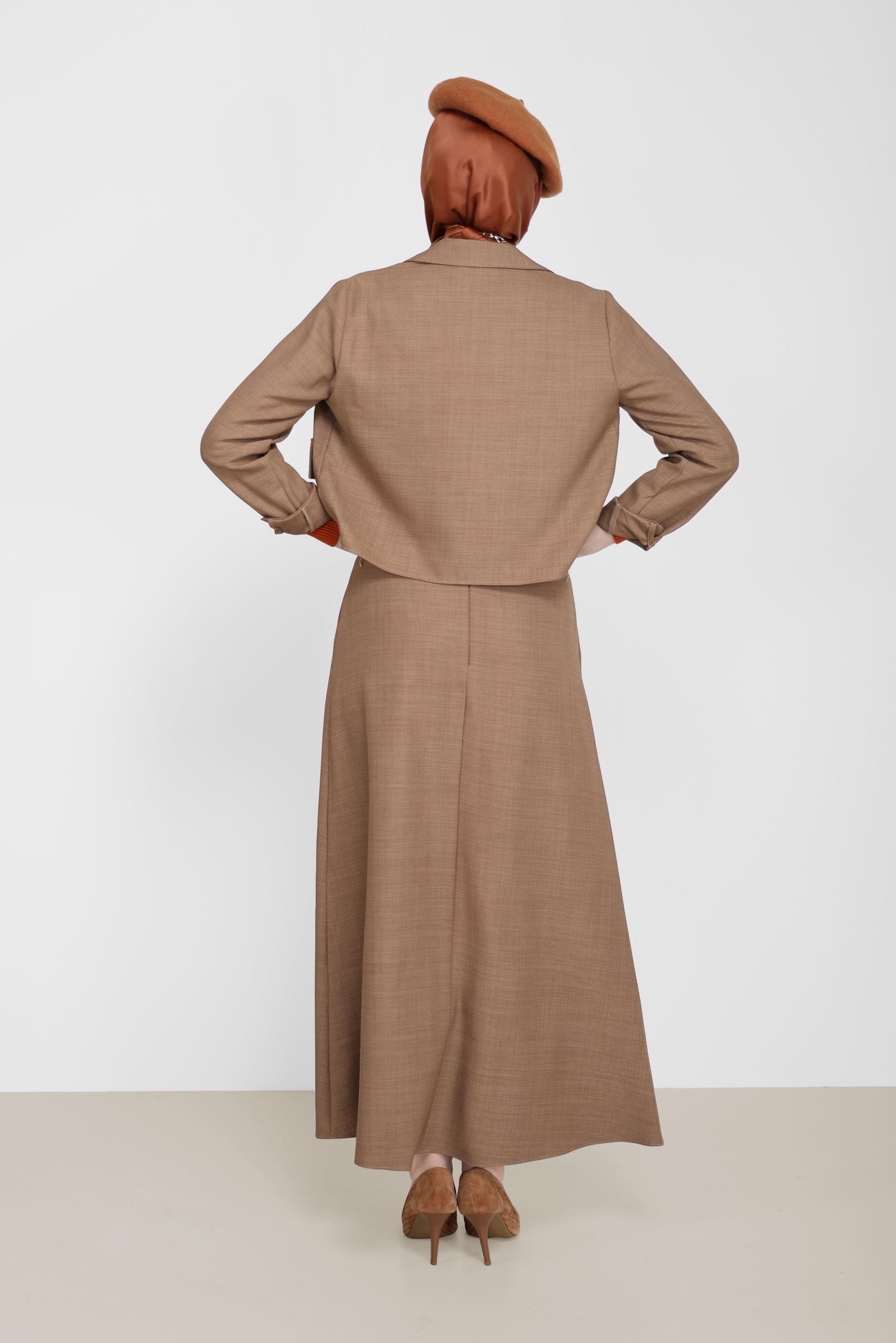 Tesettür giyim KAHVE DÜĞME DETAYLI CEPLİ İKİLİ ETEKLİ TAKIM 42197