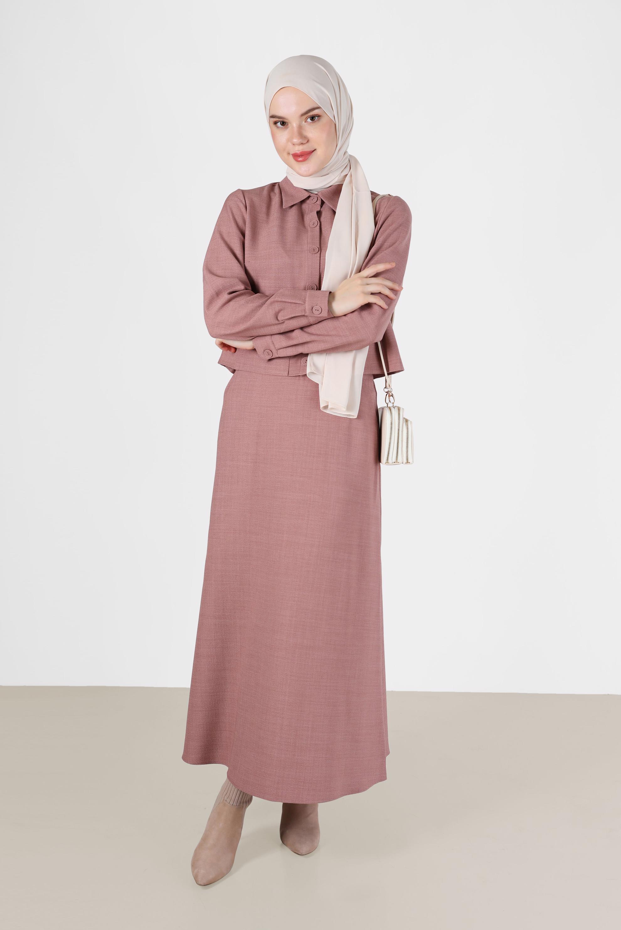 Tesettür giyim PUDRA DÜĞME DETAYLI CEPLİ İKİLİ ETEKLİ TAKIM 42197