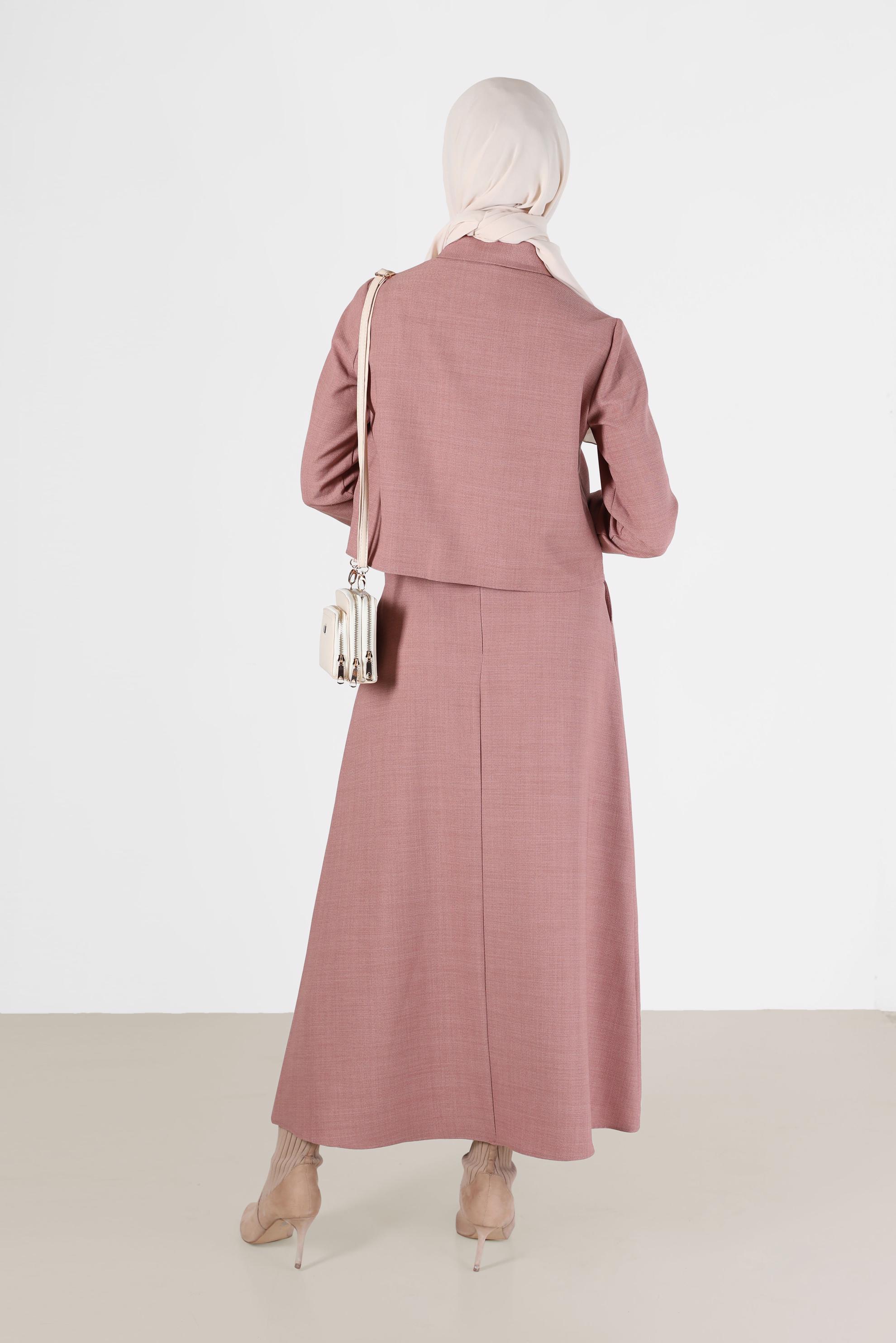 Tesettür giyim PUDRA DÜĞME DETAYLI CEPLİ İKİLİ ETEKLİ TAKIM 42197