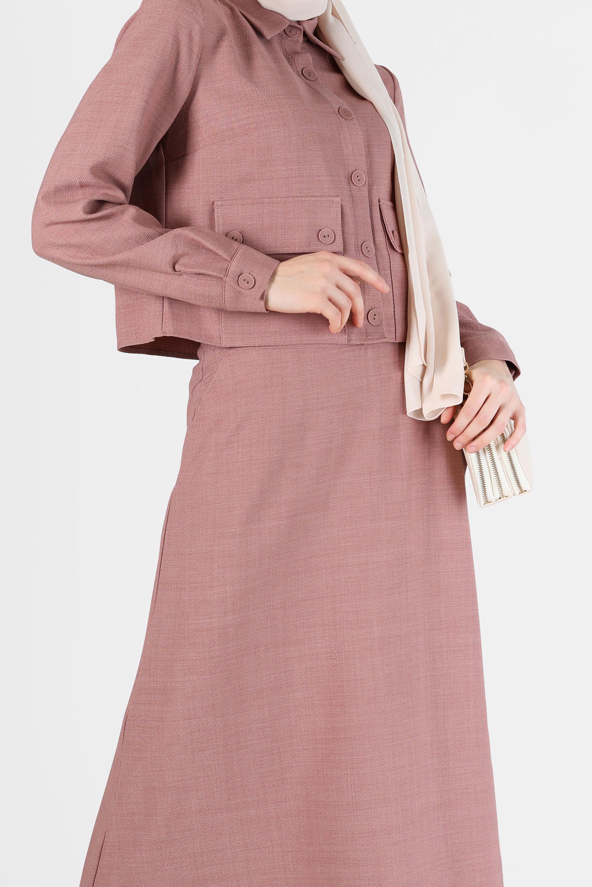 Tesettür giyim PUDRA DÜĞME DETAYLI CEPLİ İKİLİ ETEKLİ TAKIM 42197