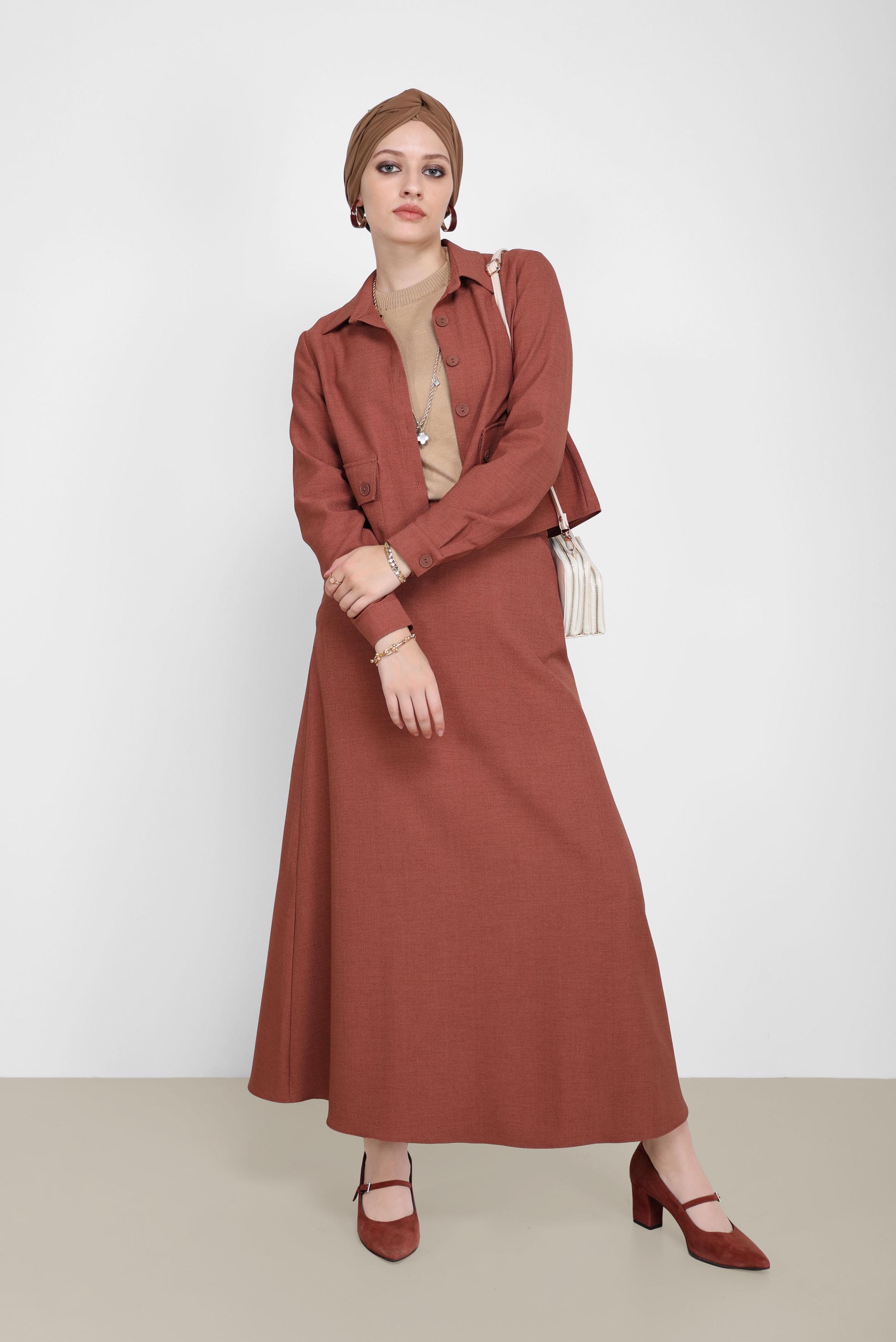 Tesettür giyim KAHVE DÜĞME DETAYLI CEPLİ İKİLİ ETEKLİ TAKIM 42197