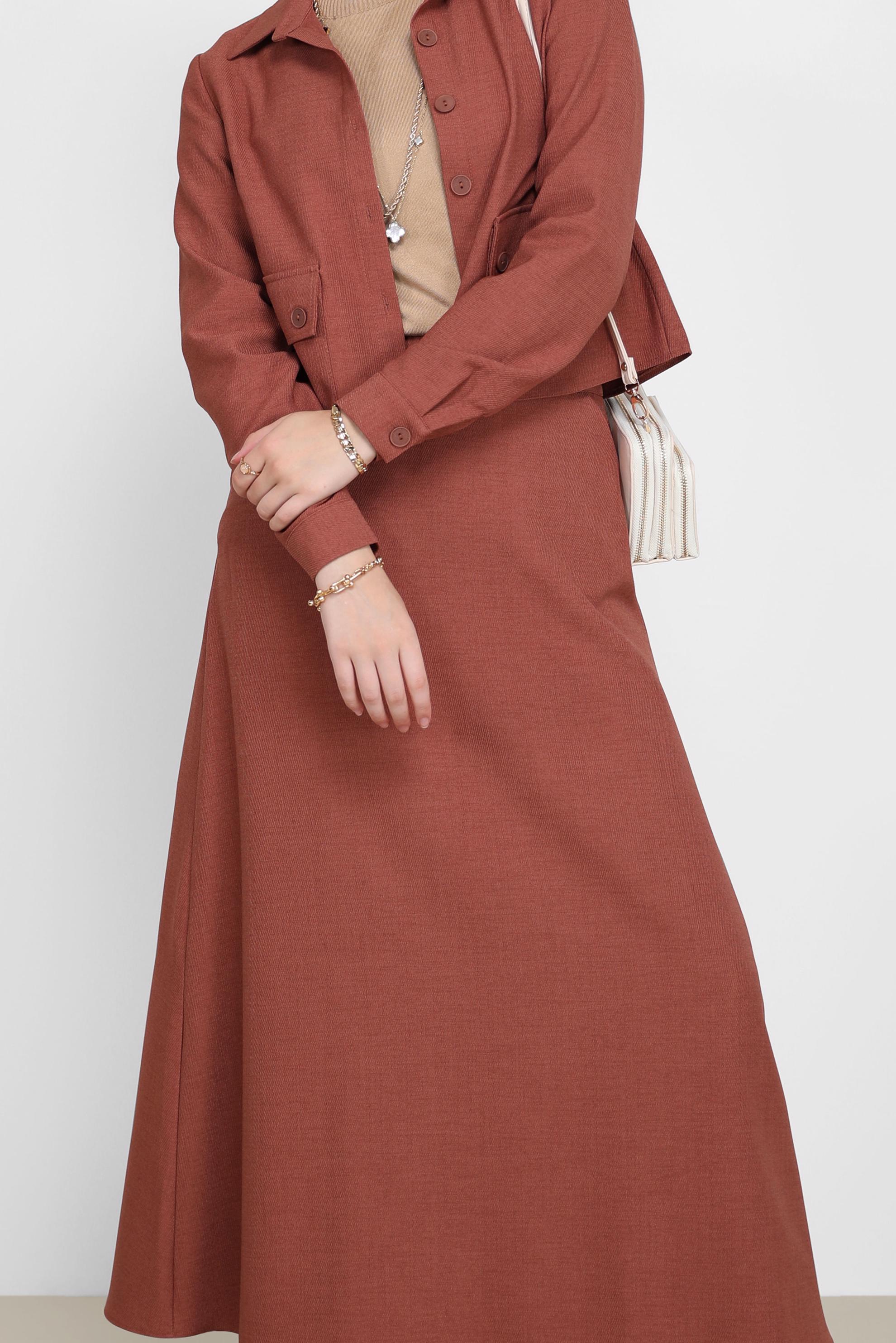 Tesettür giyim KAHVE DÜĞME DETAYLI CEPLİ İKİLİ ETEKLİ TAKIM 42197