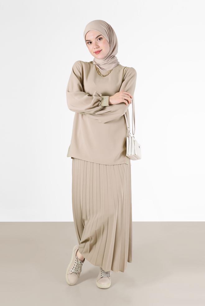 Tesettür giyim  SİMLİ ŞERİT DETAYLI İKİLİ ETEKLİ TAKIM 42332 - ALVİNA