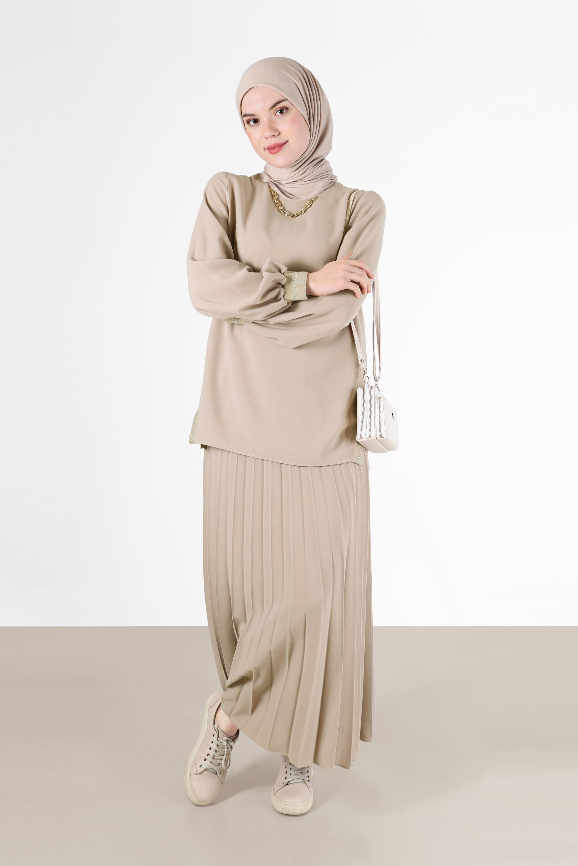 Tesettür giyim BEJ SİMLİ ŞERİT DETAYLI İKİLİ ETEKLİ TAKIM 42332