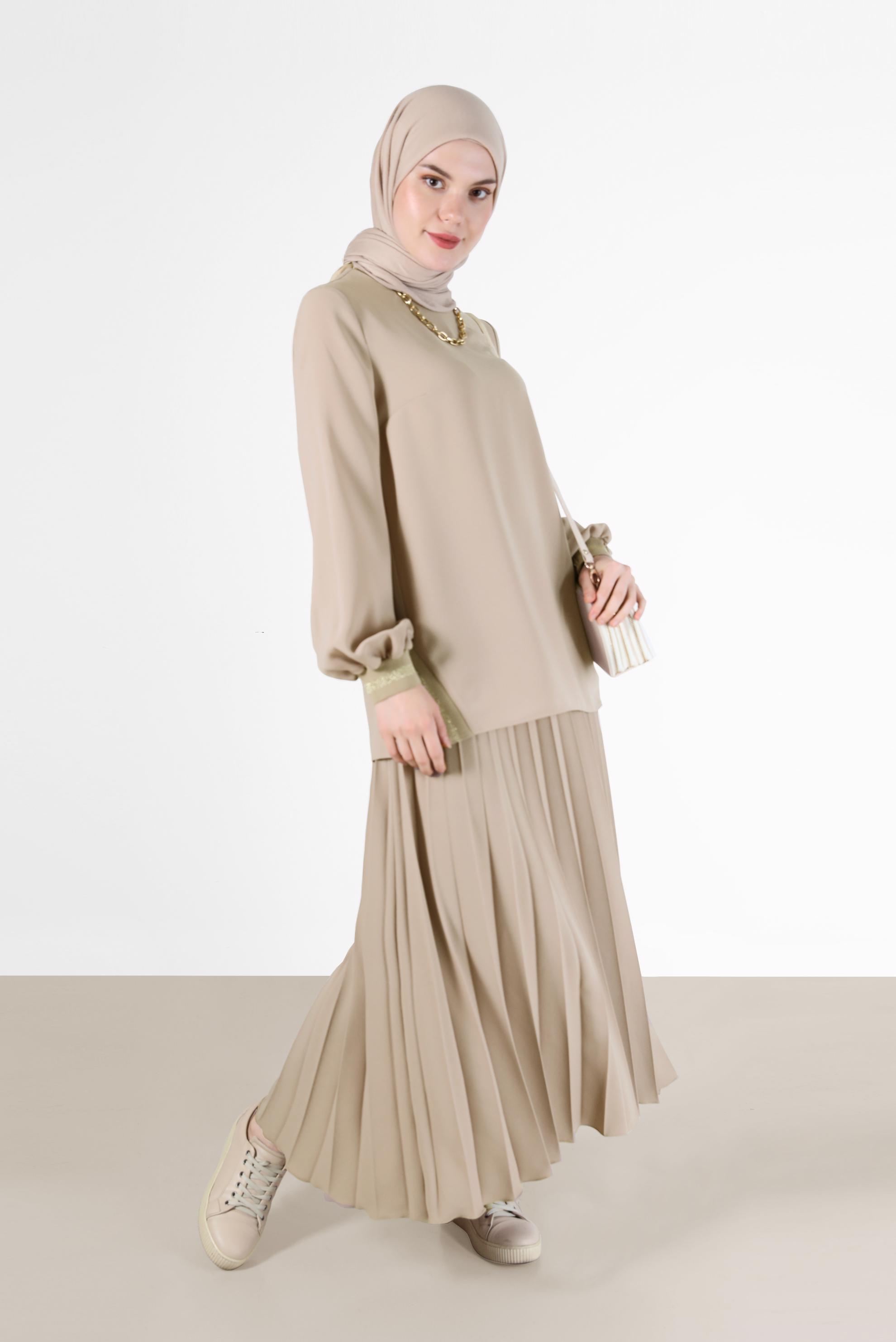 Tesettür giyim BEJ SİMLİ ŞERİT DETAYLI İKİLİ ETEKLİ TAKIM 42332