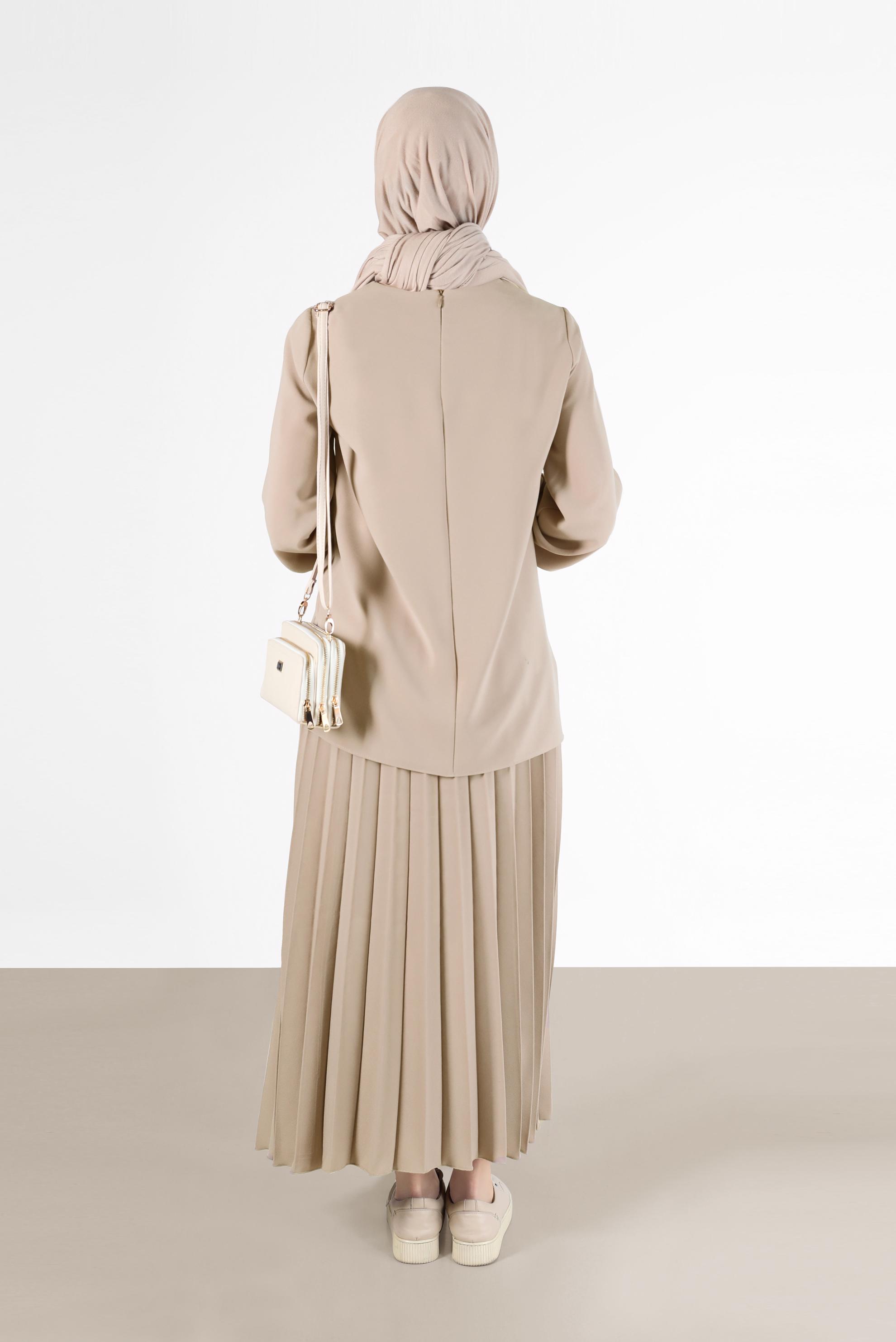 Tesettür giyim BEJ SİMLİ ŞERİT DETAYLI İKİLİ ETEKLİ TAKIM 42332