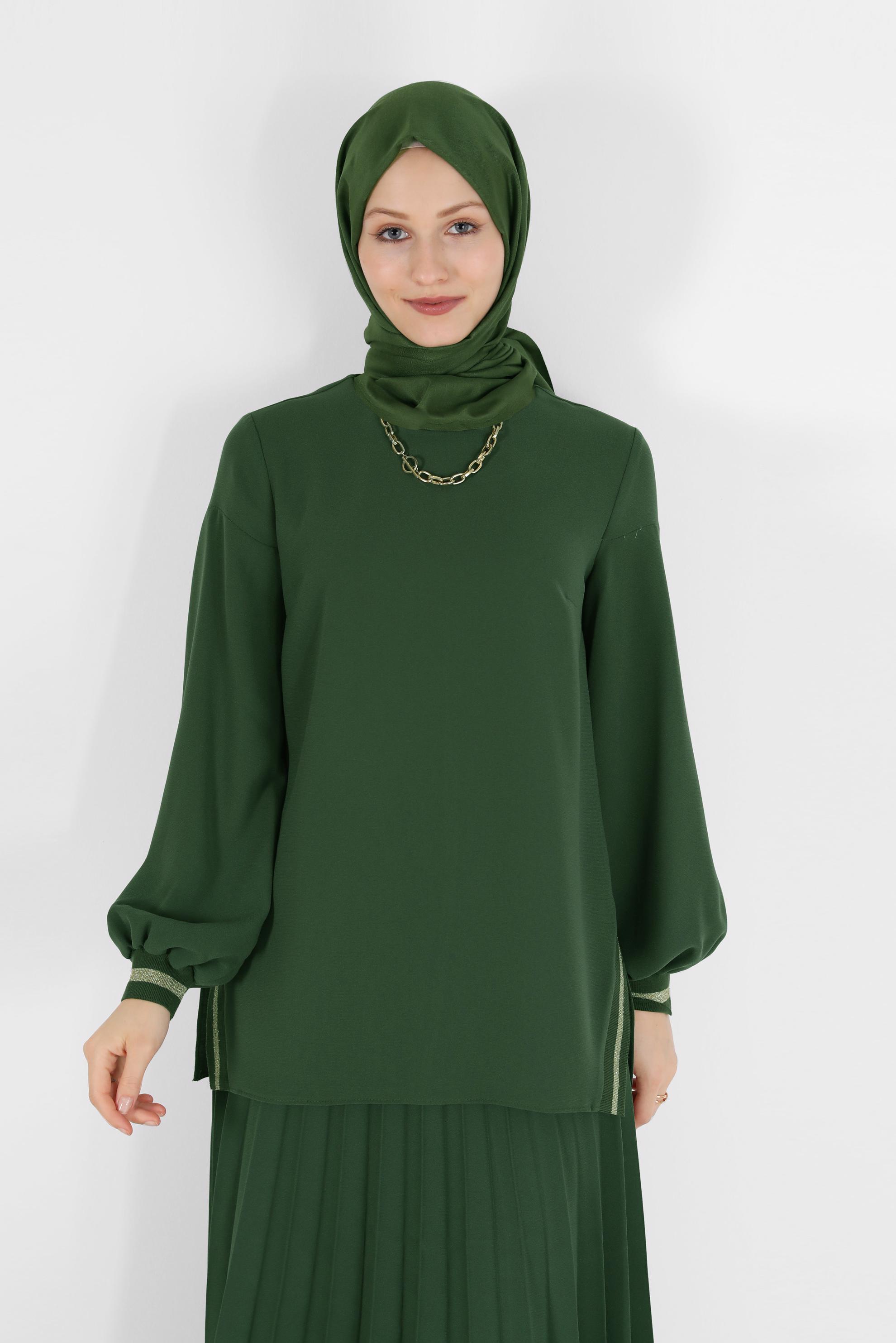 Tesettür giyim HAKİ SİMLİ ŞERİT DETAYLI İKİLİ ETEKLİ TAKIM 42332