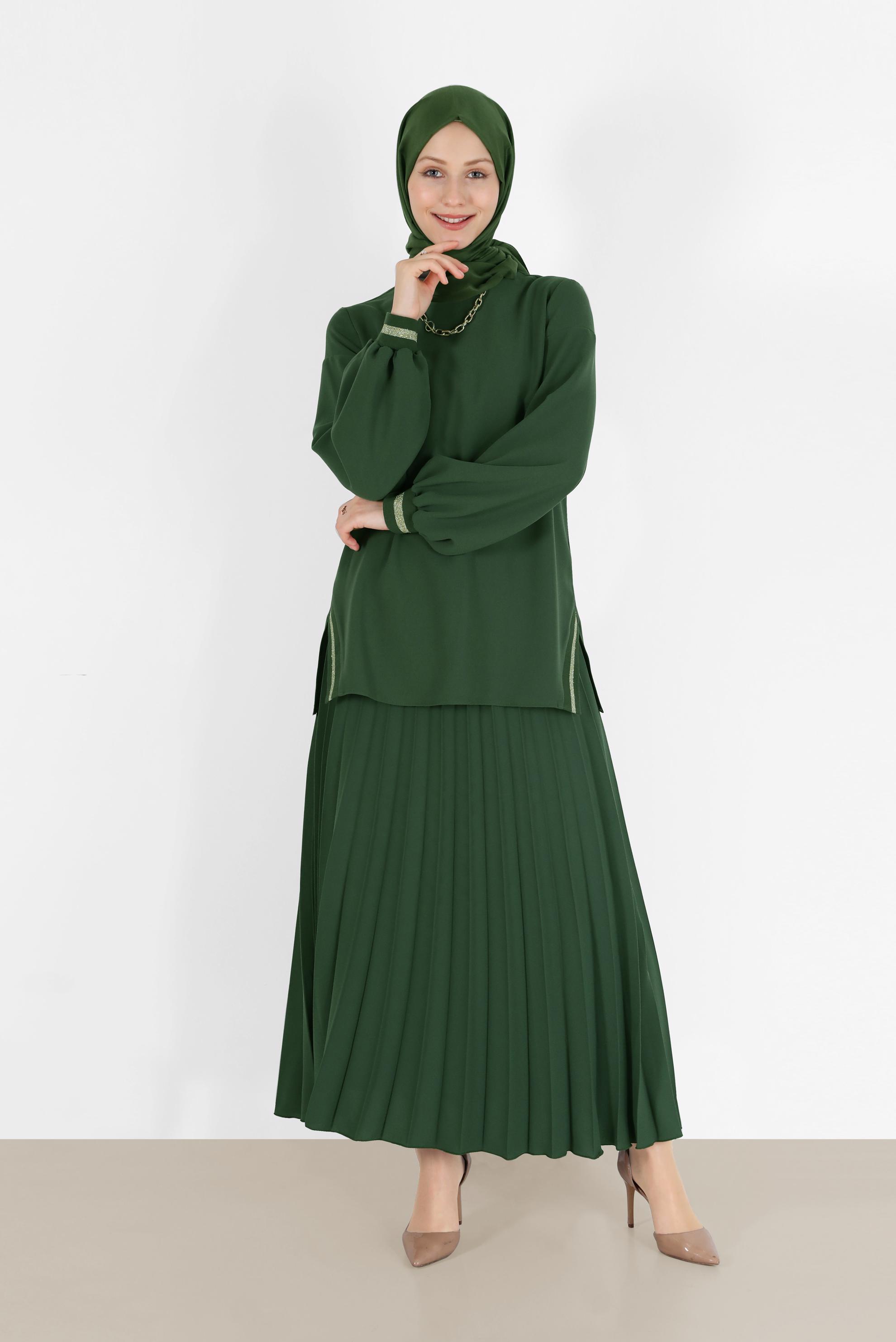 Tesettür giyim HAKİ SİMLİ ŞERİT DETAYLI İKİLİ ETEKLİ TAKIM 42332