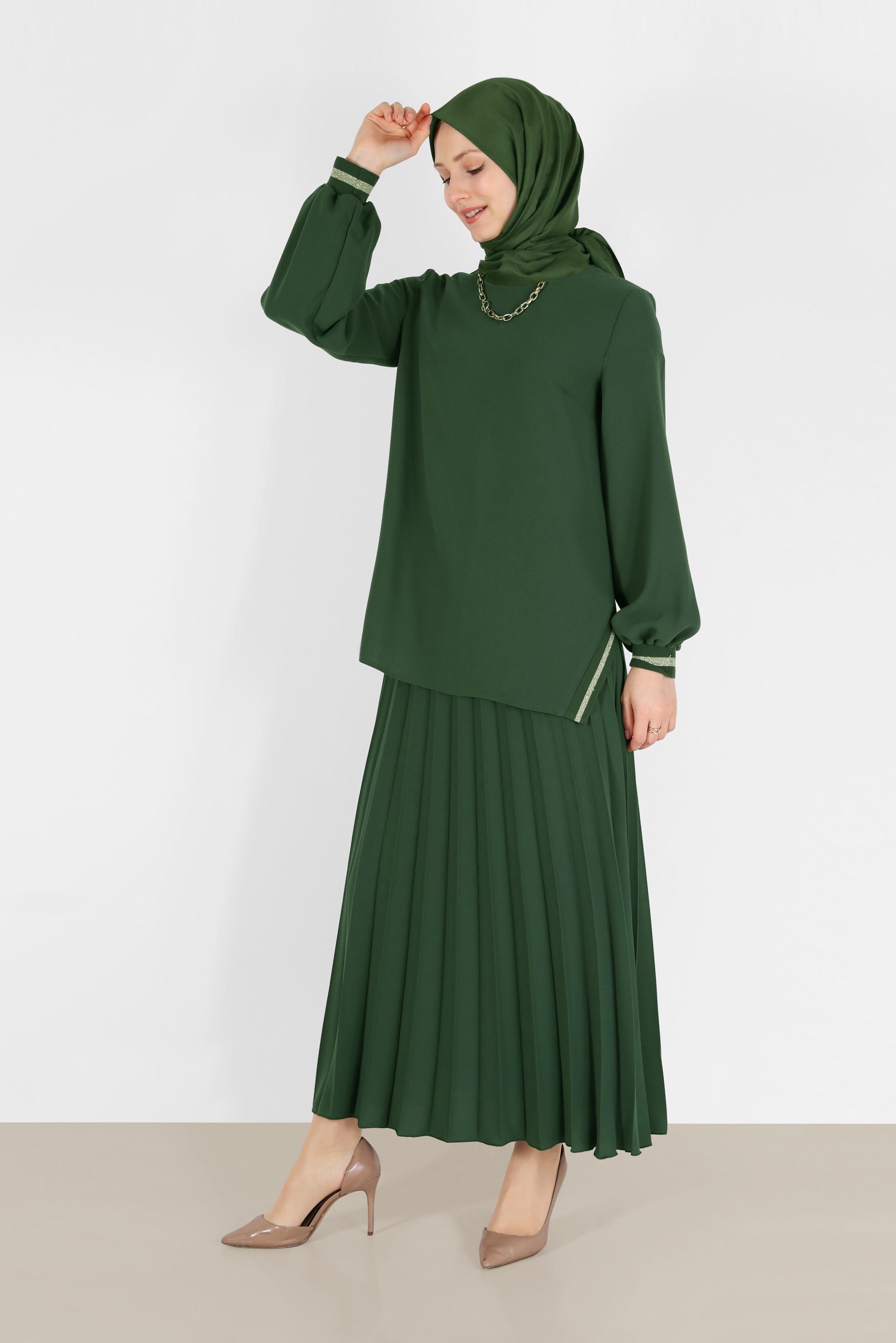 Tesettür giyim HAKİ SİMLİ ŞERİT DETAYLI İKİLİ ETEKLİ TAKIM 42332