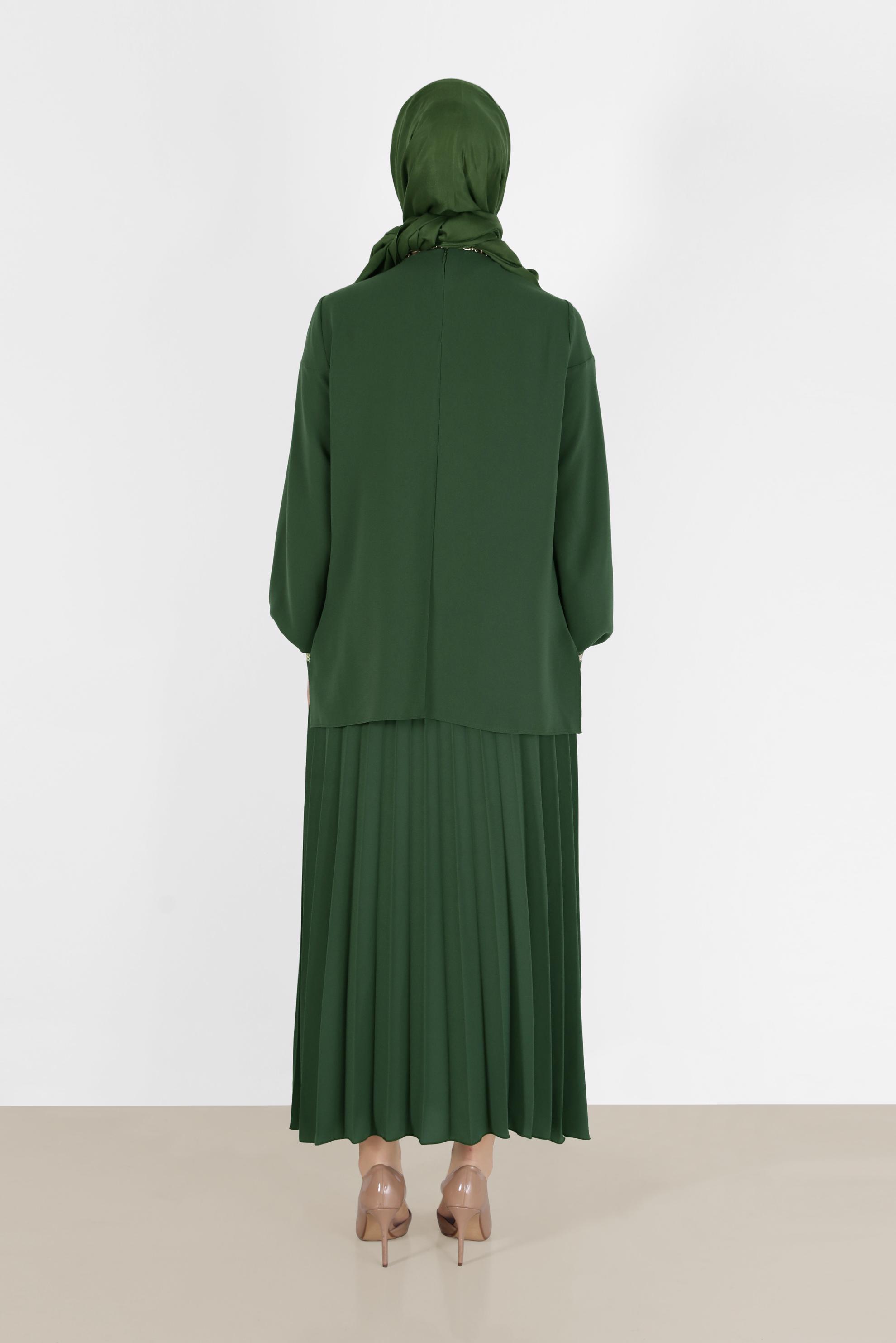 Tesettür giyim HAKİ SİMLİ ŞERİT DETAYLI İKİLİ ETEKLİ TAKIM 42332