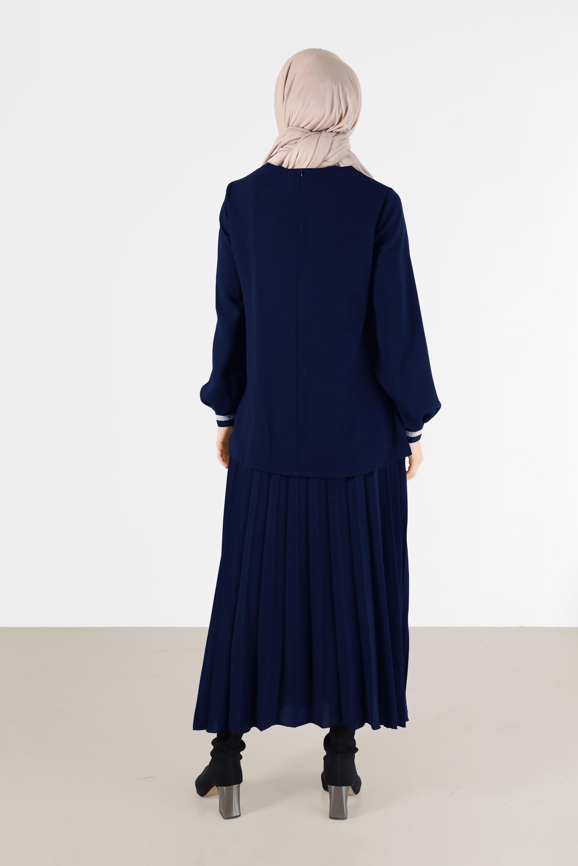 Tesettür giyim LACİVERT SİMLİ ŞERİT DETAYLI İKİLİ ETEKLİ TAKIM 42332