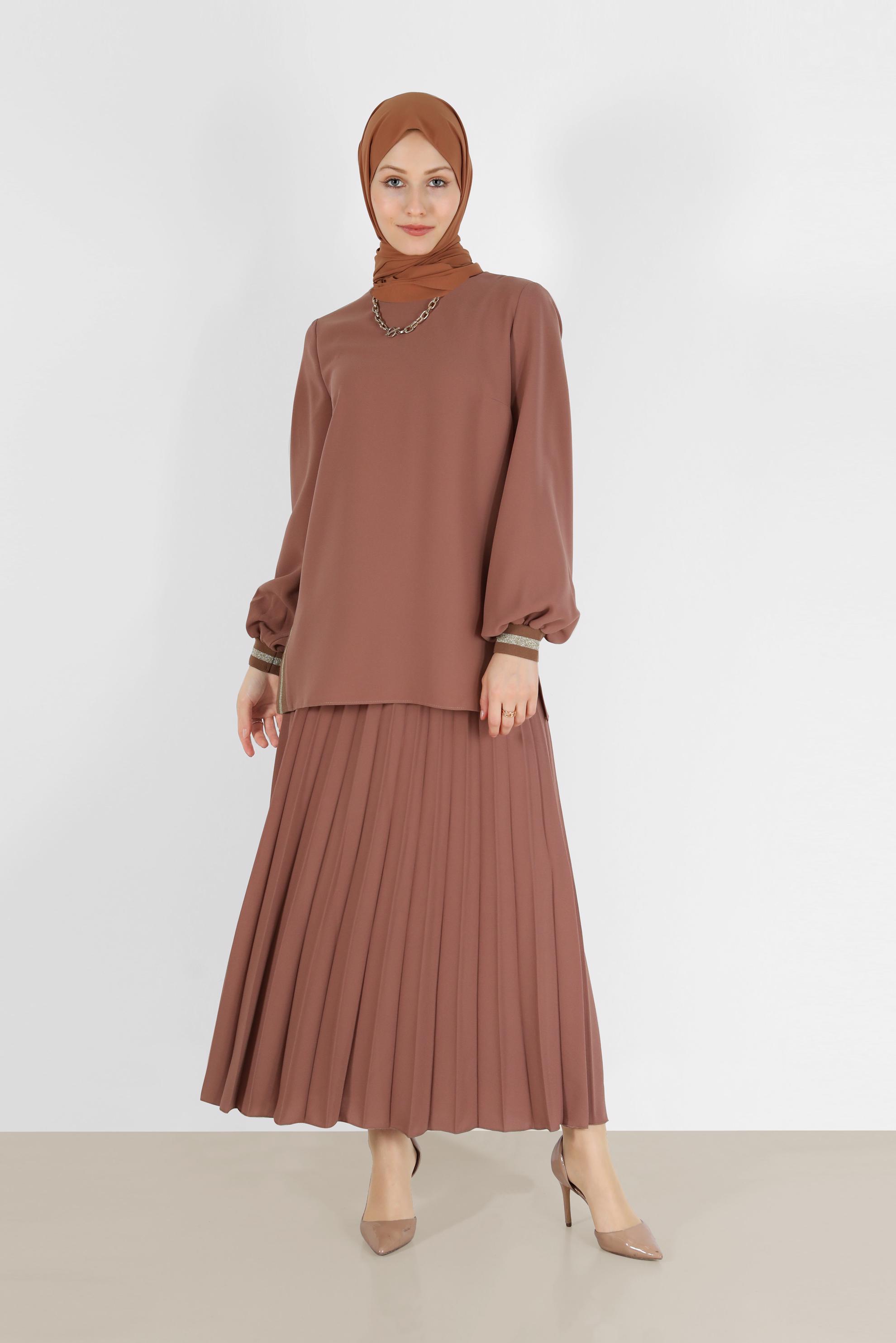Tesettür giyim KAHVE SİMLİ ŞERİT DETAYLI İKİLİ ETEKLİ TAKIM 42332
