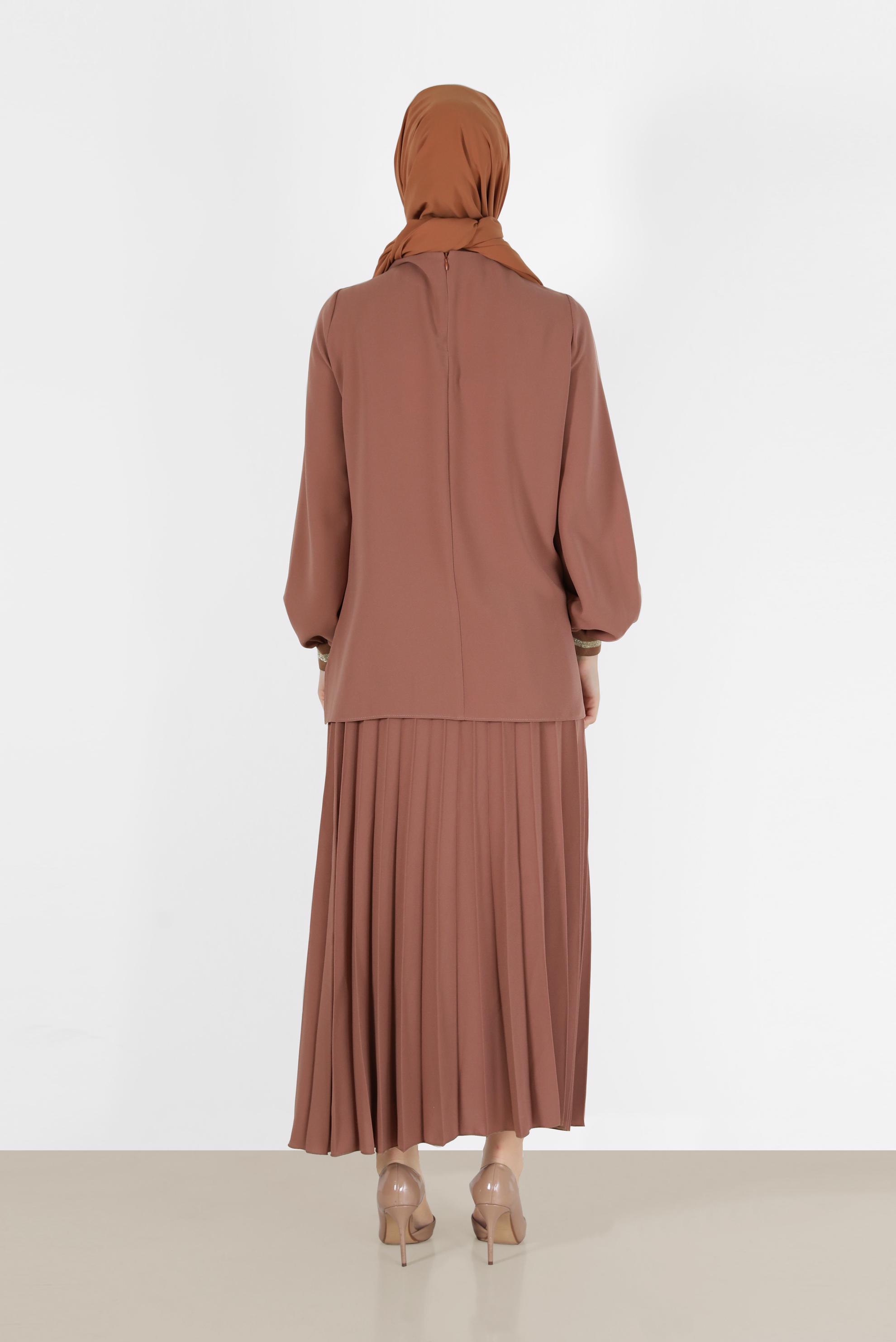 Tesettür giyim KAHVE SİMLİ ŞERİT DETAYLI İKİLİ ETEKLİ TAKIM 42332