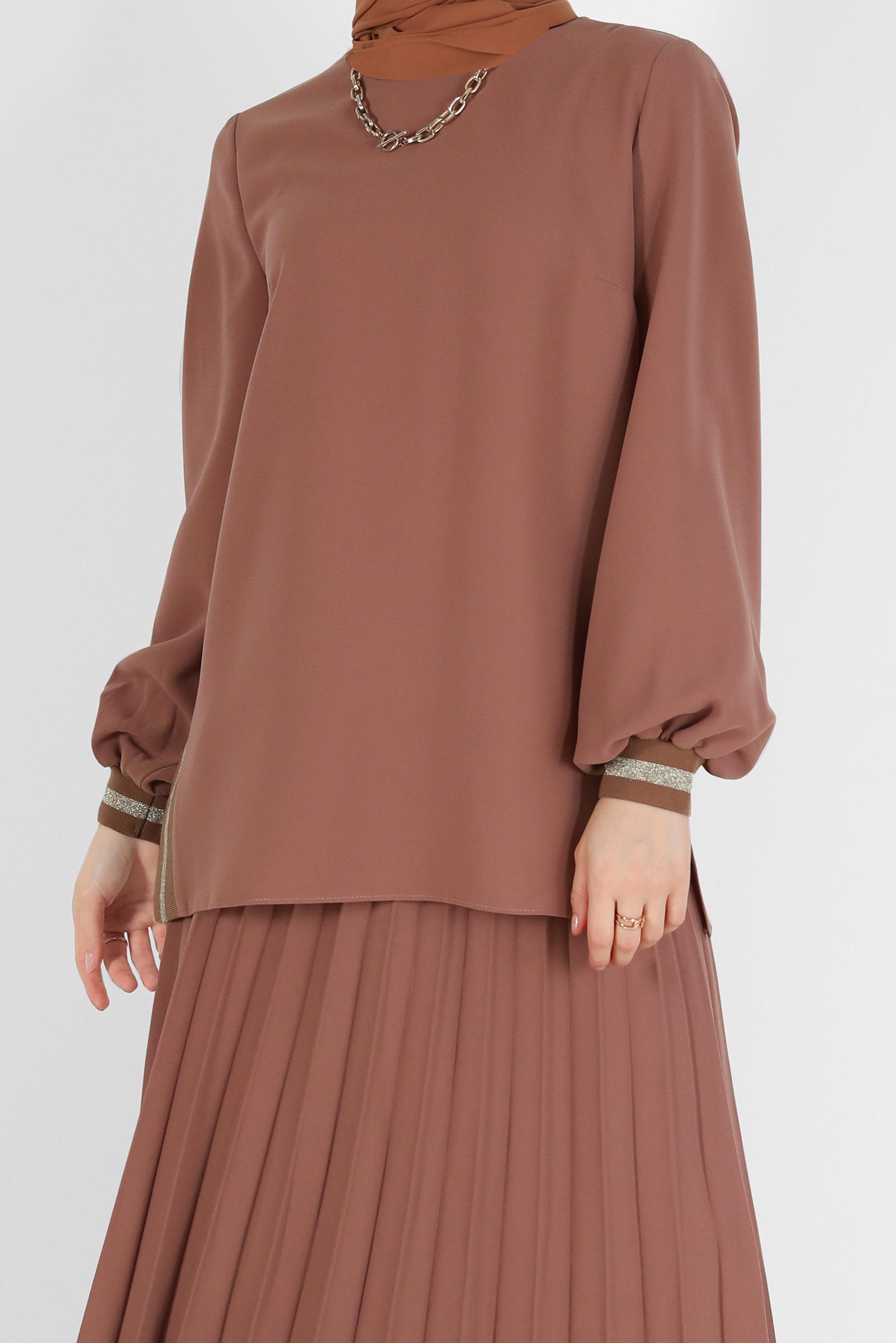 Tesettür giyim KAHVE SİMLİ ŞERİT DETAYLI İKİLİ ETEKLİ TAKIM 42332