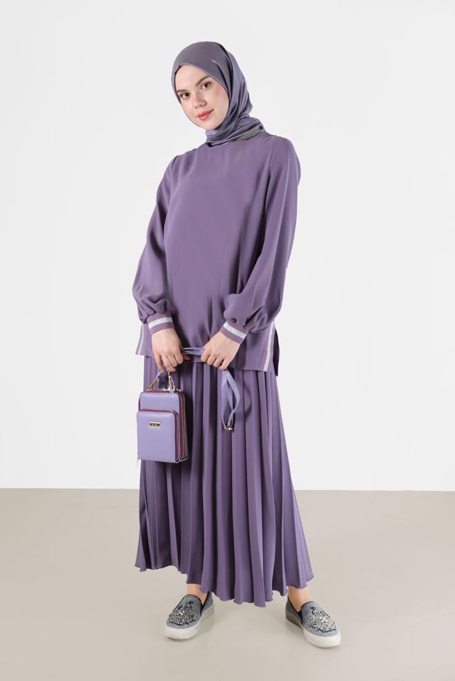 Tesettür giyim  SİMLİ ŞERİT DETAYLI İKİLİ ETEKLİ TAKIM 42332 - ALVİNA