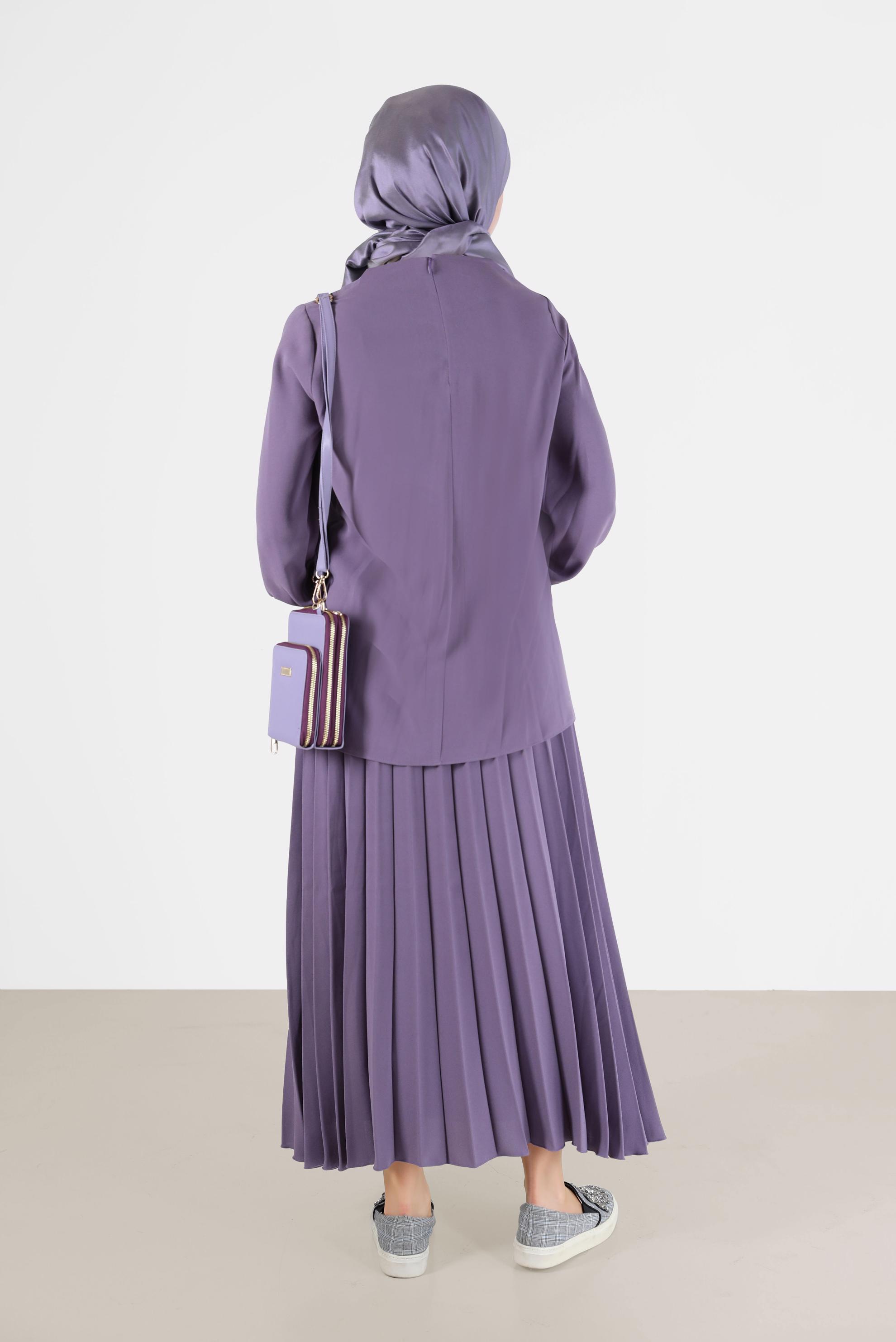 Tesettür giyim MOR SİMLİ ŞERİT DETAYLI İKİLİ ETEKLİ TAKIM 42332