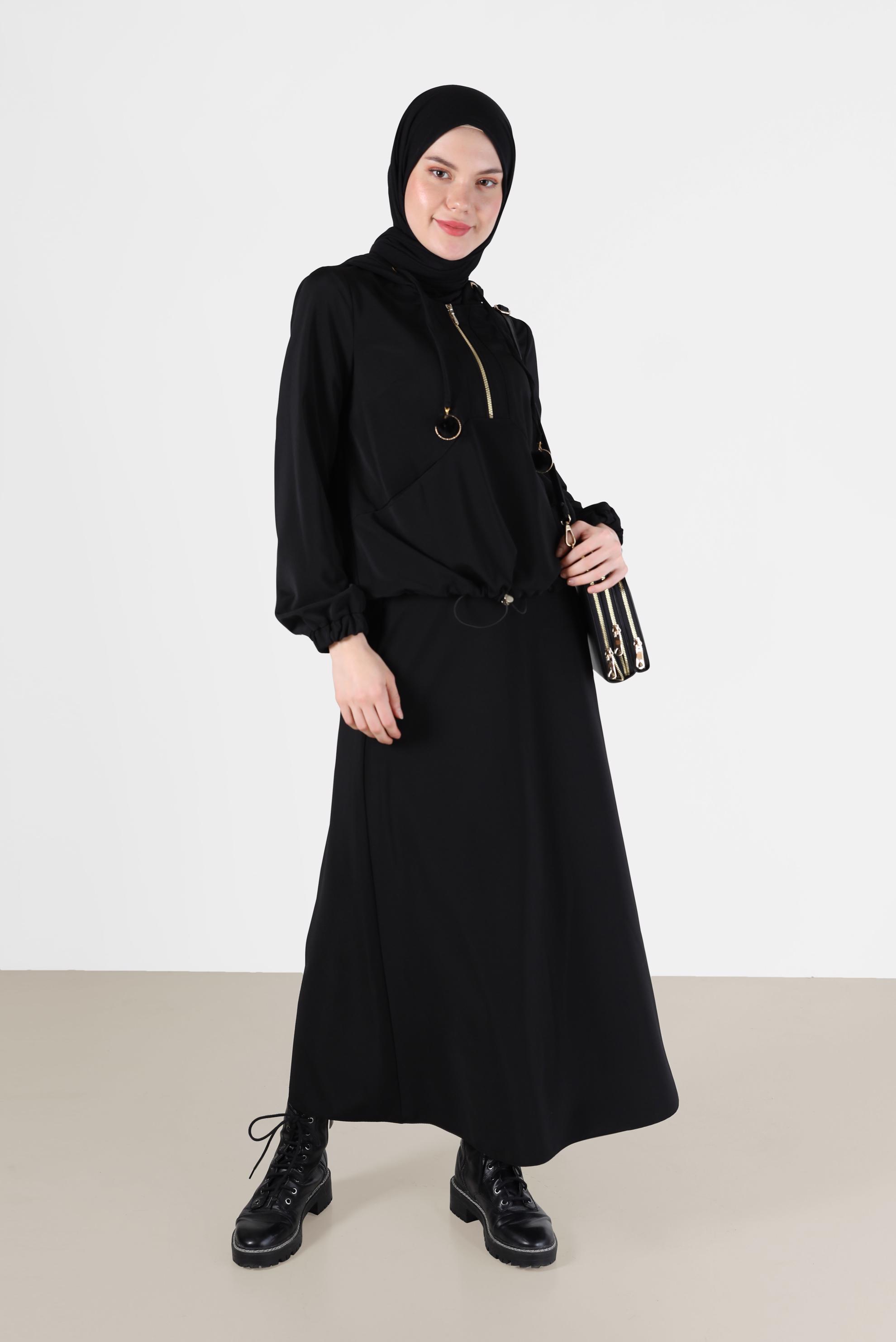 Vêtements hijab NOIR COSTUME JUPE 2 PIÈCES À TAILLE FRONCÉE DÉTAIL ZIPPÉ 42364