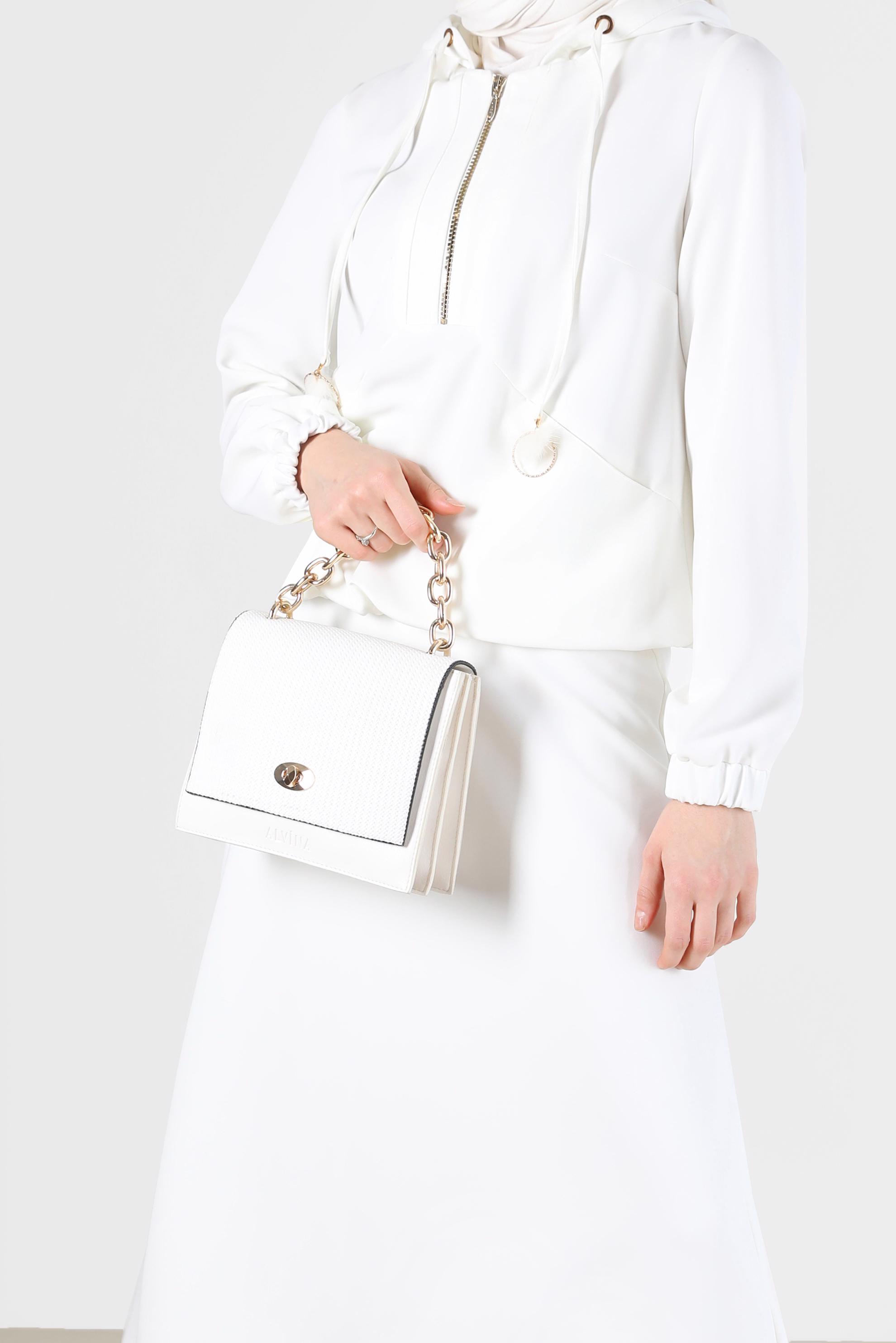 Tesettür giyim BEYAZ BELİ BÜZGÜLÜ FERMUAR DETAYLI İKİLİ ETEKLİ TAKIM 42364 