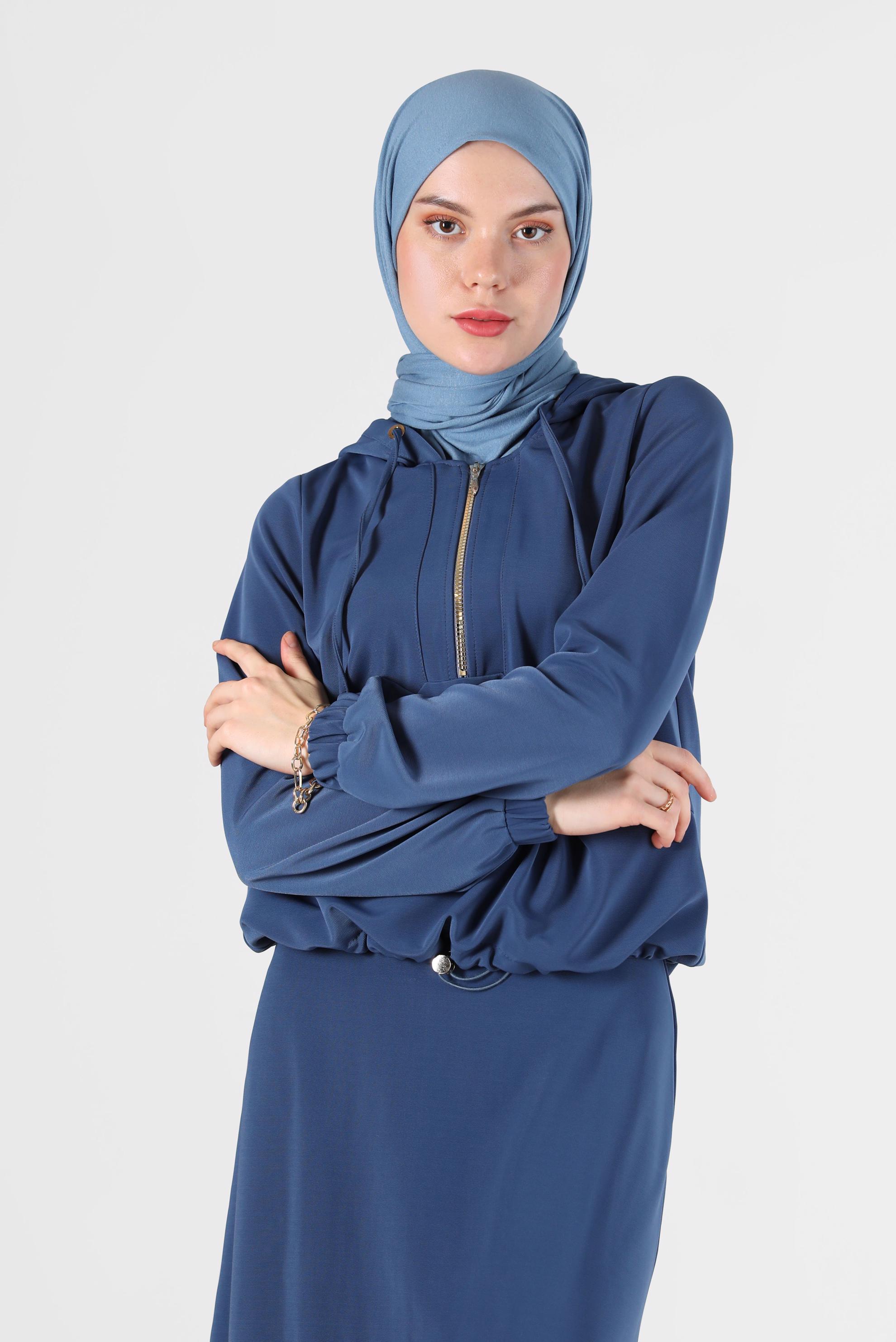 Tesettür giyim LACİVERT BELİ BÜZGÜLÜ FERMUAR DETAYLI İKİLİ ETEKLİ TAKIM 42364 