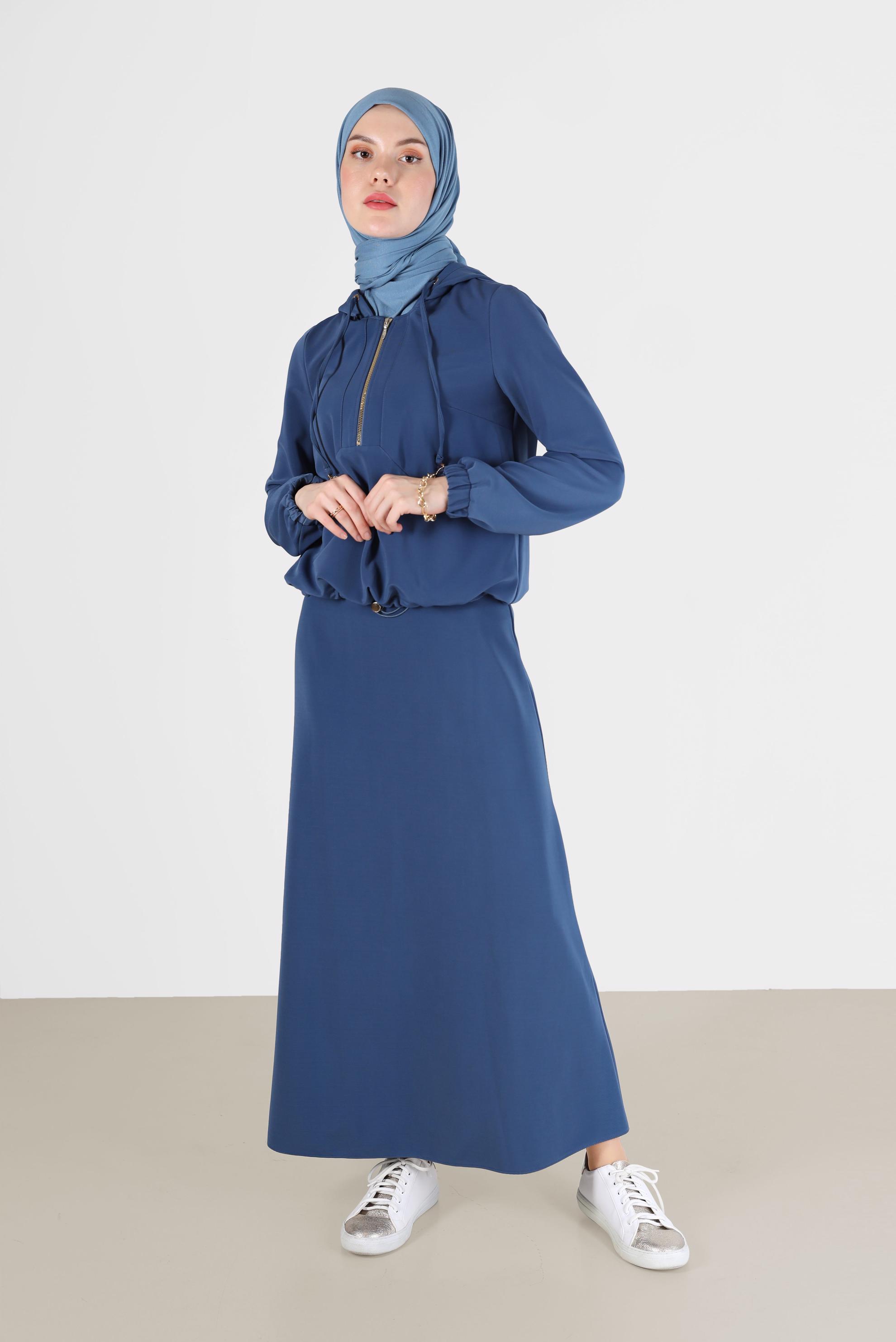 Tesettür giyim LACİVERT BELİ BÜZGÜLÜ FERMUAR DETAYLI İKİLİ ETEKLİ TAKIM 42364 