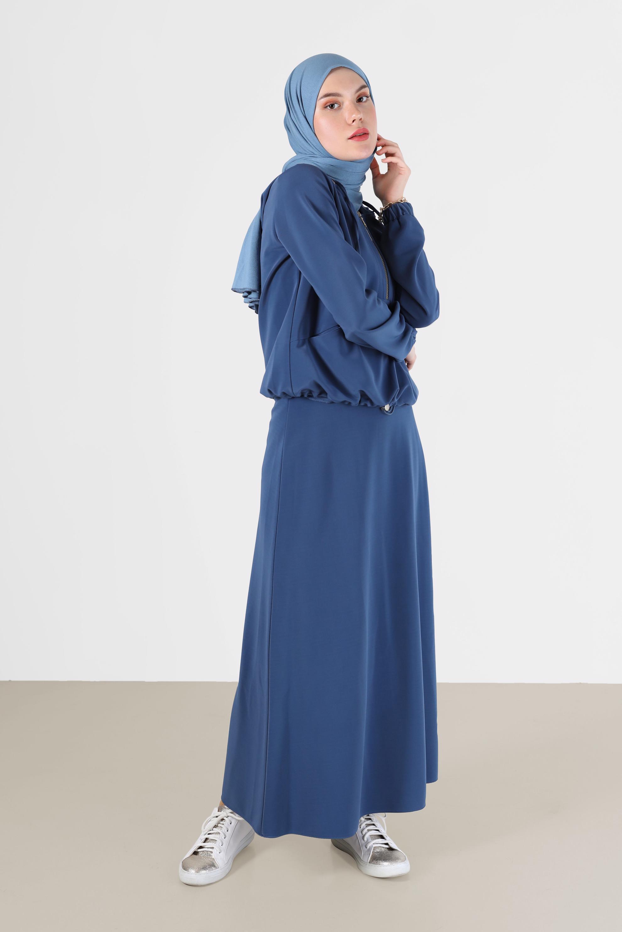 Tesettür giyim LACİVERT BELİ BÜZGÜLÜ FERMUAR DETAYLI İKİLİ ETEKLİ TAKIM 42364 