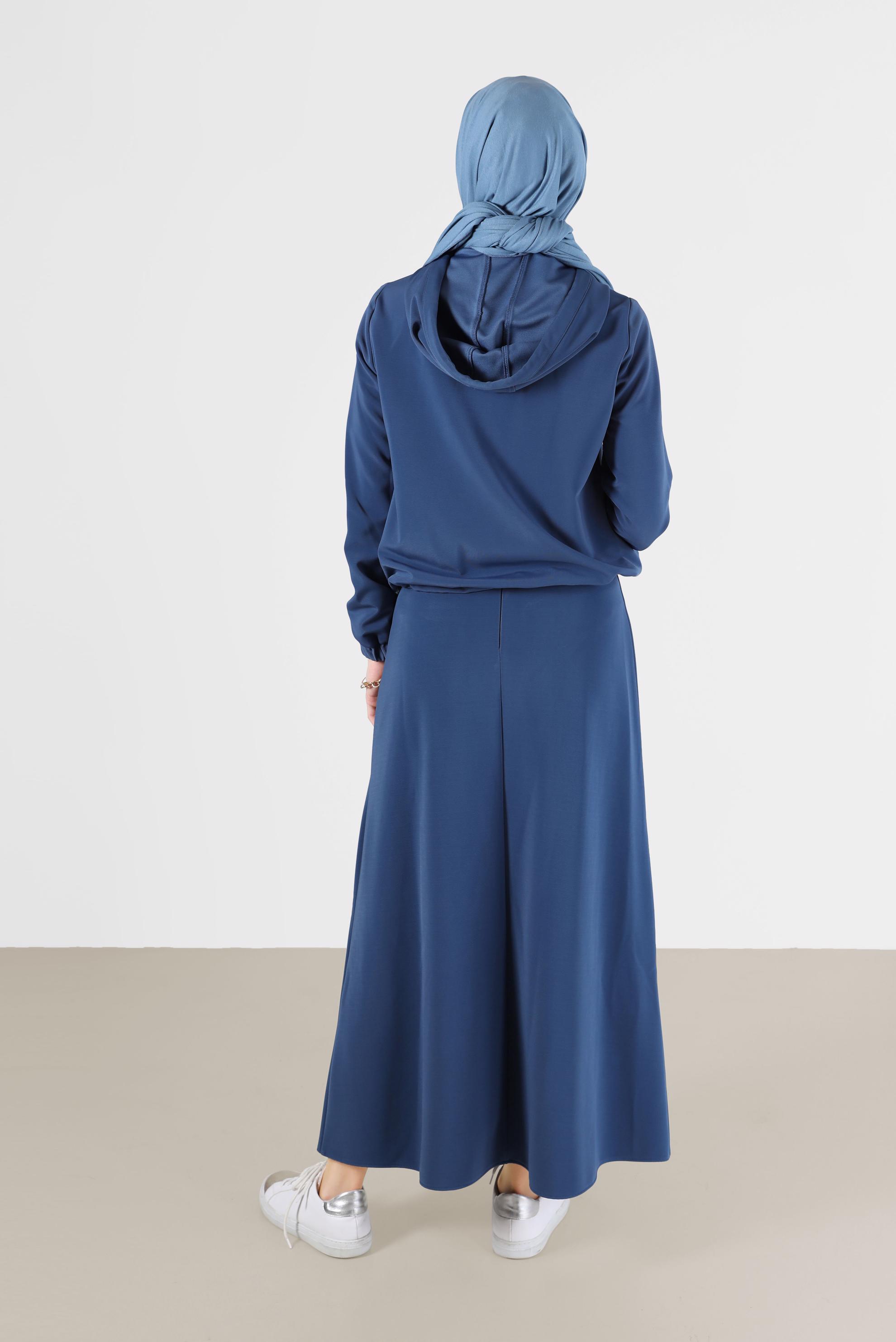 Tesettür giyim LACİVERT BELİ BÜZGÜLÜ FERMUAR DETAYLI İKİLİ ETEKLİ TAKIM 42364 