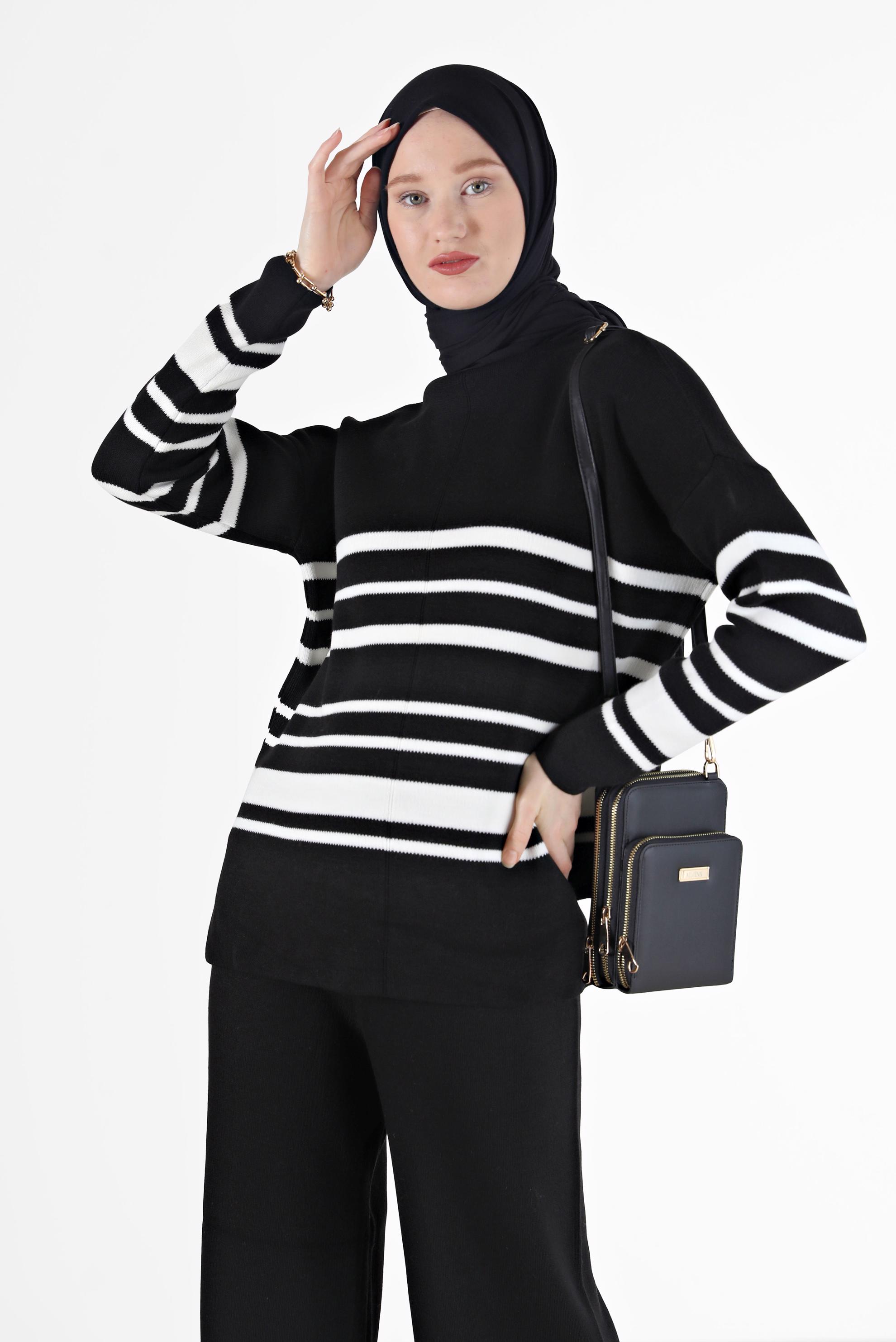 Vêtements hijab NOIR ENSEMBLE PANTALON 2 PIÈCES EN MAILLE DÉTAILS RAYURES 42486