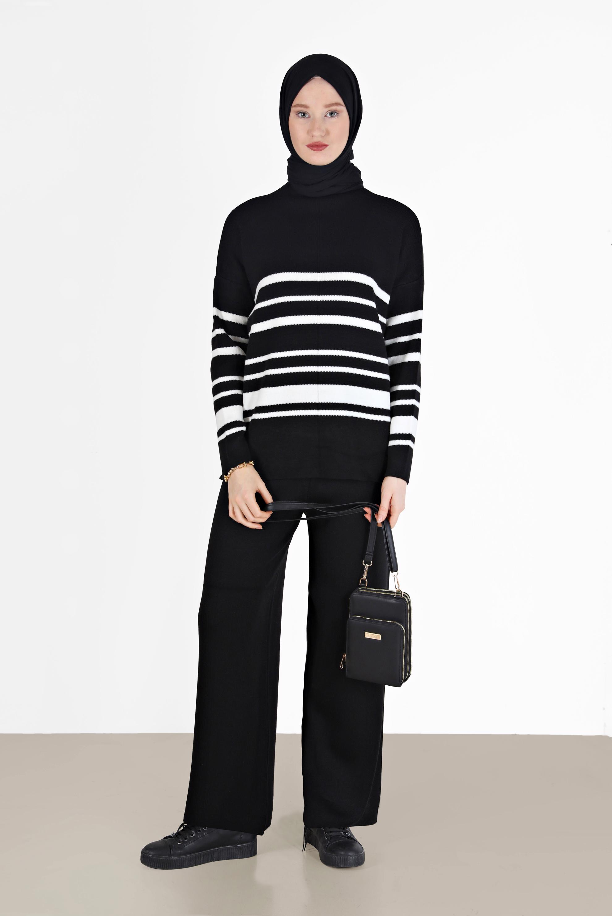 Vêtements hijab NOIR ENSEMBLE PANTALON 2 PIÈCES EN MAILLE DÉTAILS RAYURES 42486