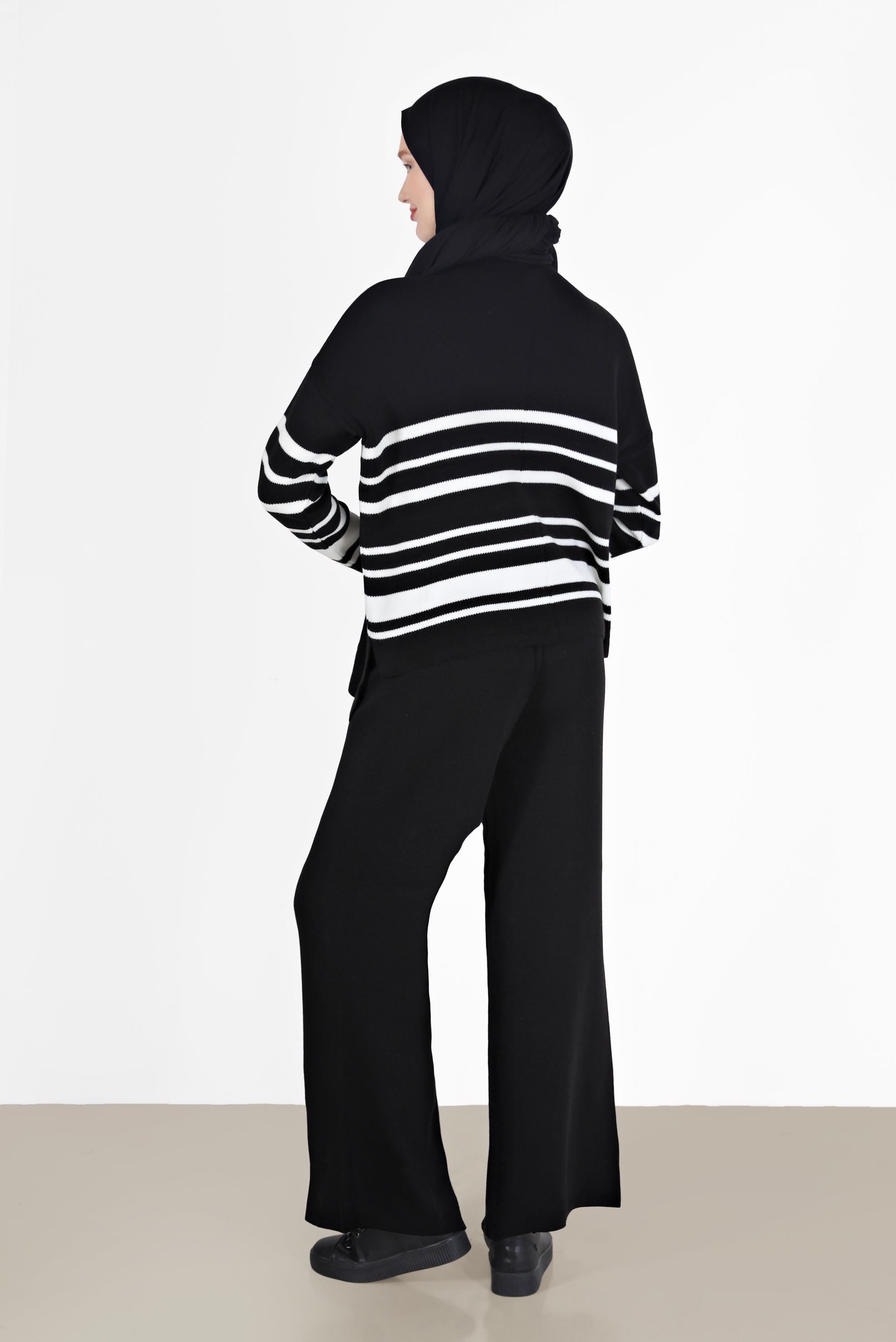 Vêtements hijab NOIR ENSEMBLE PANTALON 2 PIÈCES EN MAILLE DÉTAILS RAYURES 42486