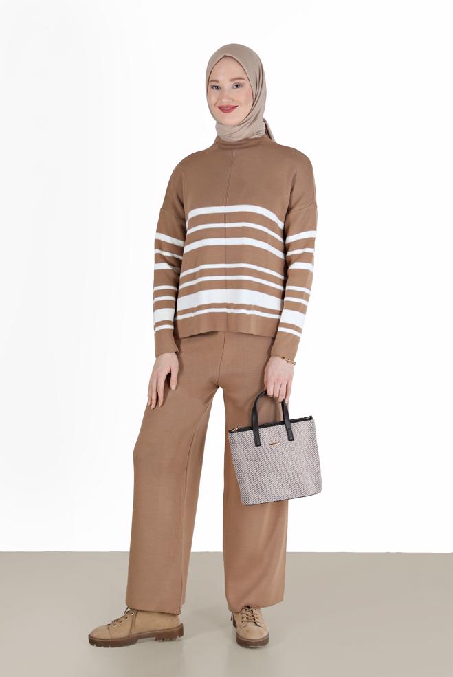 Vêtements hijab  ENSEMBLE PANTALON 2 PIÈCES EN MAILLE DÉTAILS RAYURES 42486 - ALVİNA