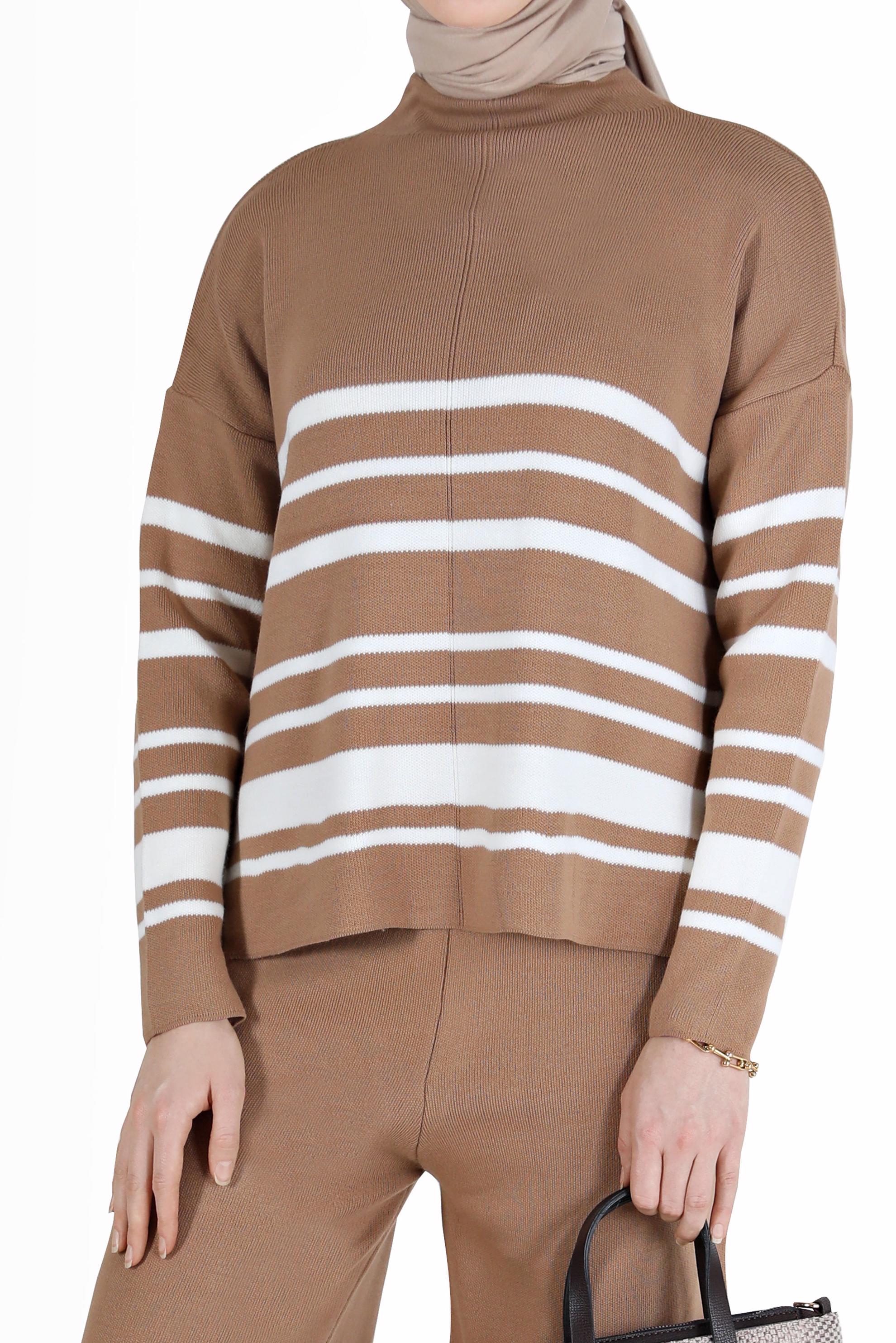 Vêtements hijab BRUN ENSEMBLE PANTALON 2 PIÈCES EN MAILLE DÉTAILS RAYURES 42486