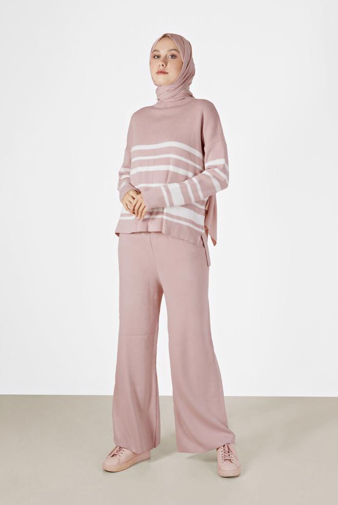 Vêtements hijab  ENSEMBLE PANTALON 2 PIÈCES EN MAILLE DÉTAILS RAYURES 42486 - ALVİNA