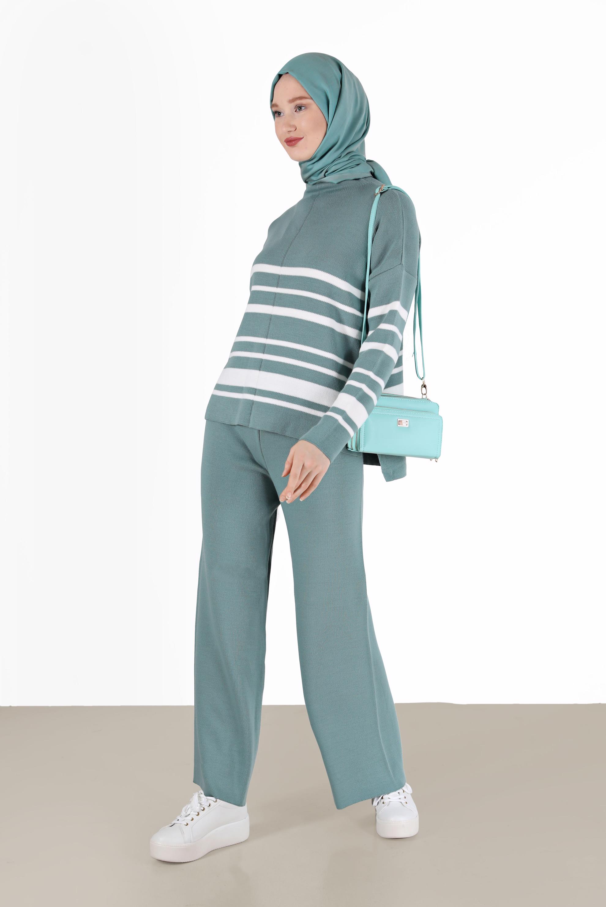 Tesettür giyim YEŞİL ŞERİT DETAYLI TRİKO İKİLİ TAKIM 42486 