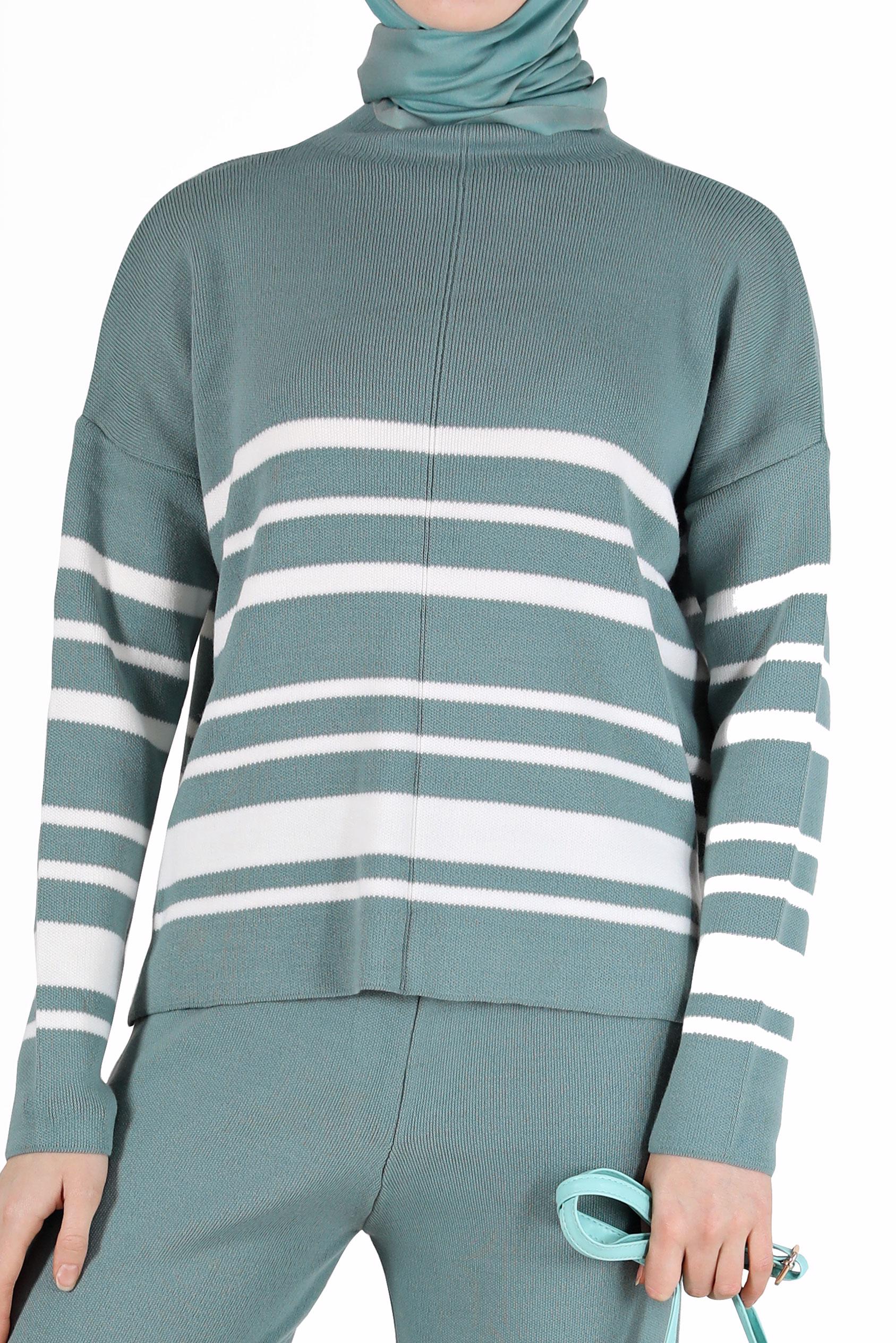 Tesettür giyim YEŞİL ŞERİT DETAYLI TRİKO İKİLİ TAKIM 42486 
