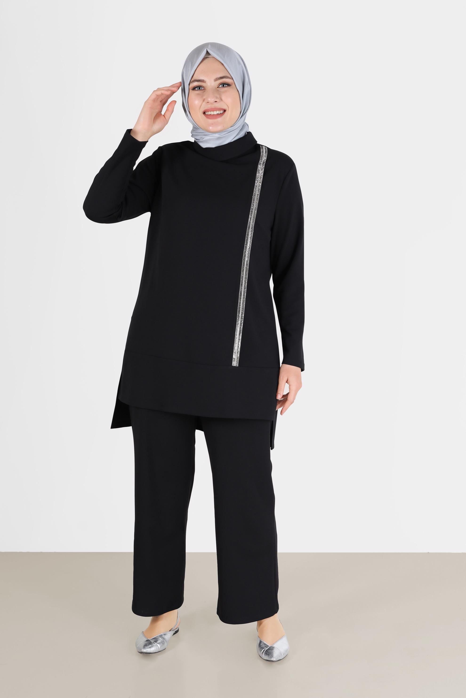 Hijab clothing BLACK SHINY STRIPE DETAIL COWL NECK 2-PIECE PANTS SUIT 20184 