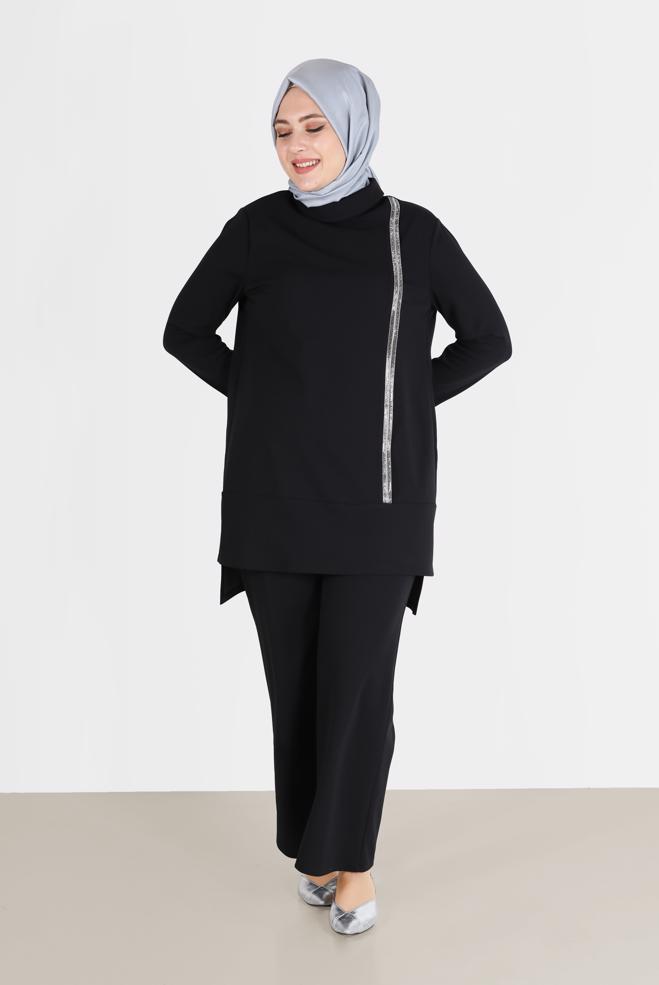 Hijab clothing BLACK SHINY STRIPE DETAIL COWL NECK 2-PIECE PANTS SUIT 20184  - ALVİNA