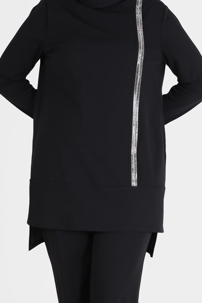 Hijab clothing BLACK SHINY STRIPE DETAIL COWL NECK 2-PIECE PANTS SUIT 20184  - ALVİNA